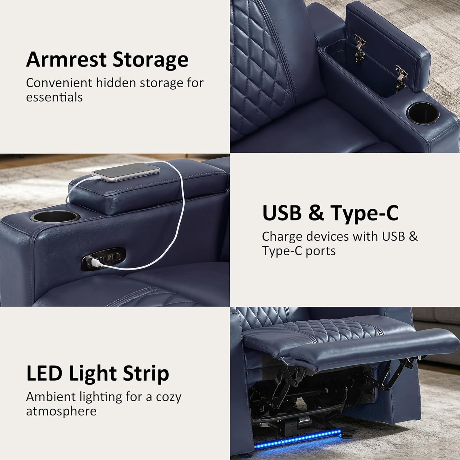 image:imageMCombo 80 Zero Gravity Oversized Power Reclining Loveseat with Adjustable Headrest for Living Room Double Recliner Sofa with USB amp Type C Armrest Storage amp LED Light HTS401SETNavy Blue