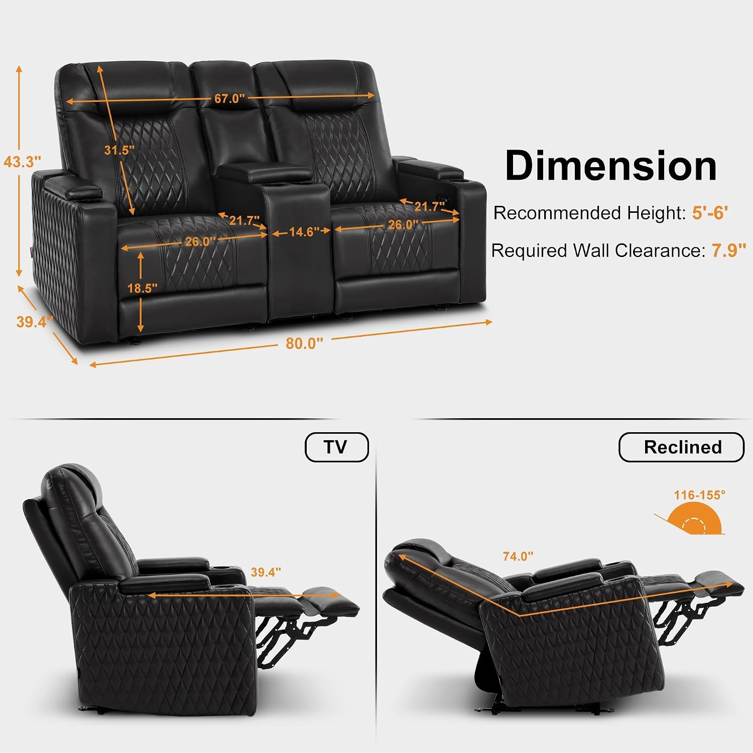 image:imageMCombo 80 Zero Gravity Oversized Power Reclining Loveseat with Adjustable Headrest for Living Room Double Recliner Sofa with USB amp Type C Armrest Storage amp LED Light HTS401SETBlack