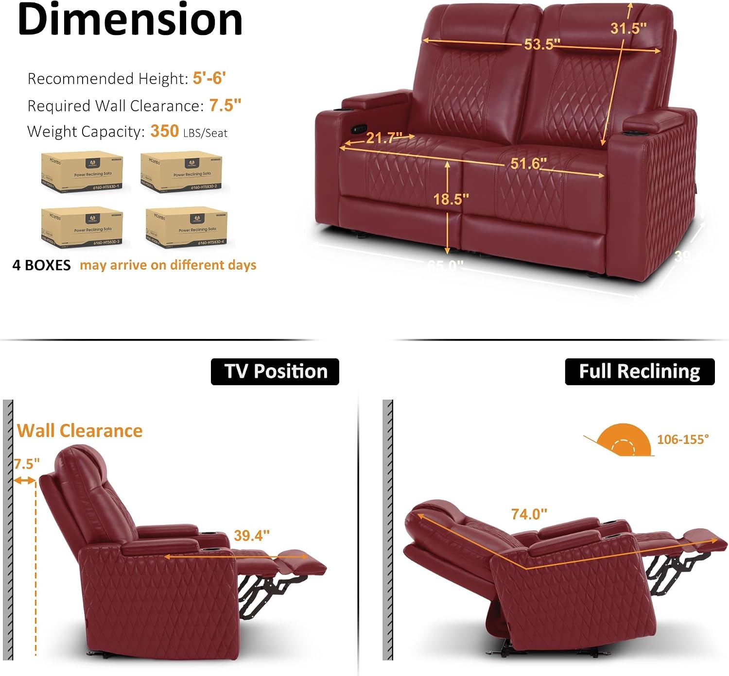 image:imageMCombo 80 Zero Gravity Oversized Power Reclining Loveseat with Adjustable Headrest for Living Room Double Recliner Sofa with USB amp Type C Armrest Storage amp LED Light HTS401SETRed