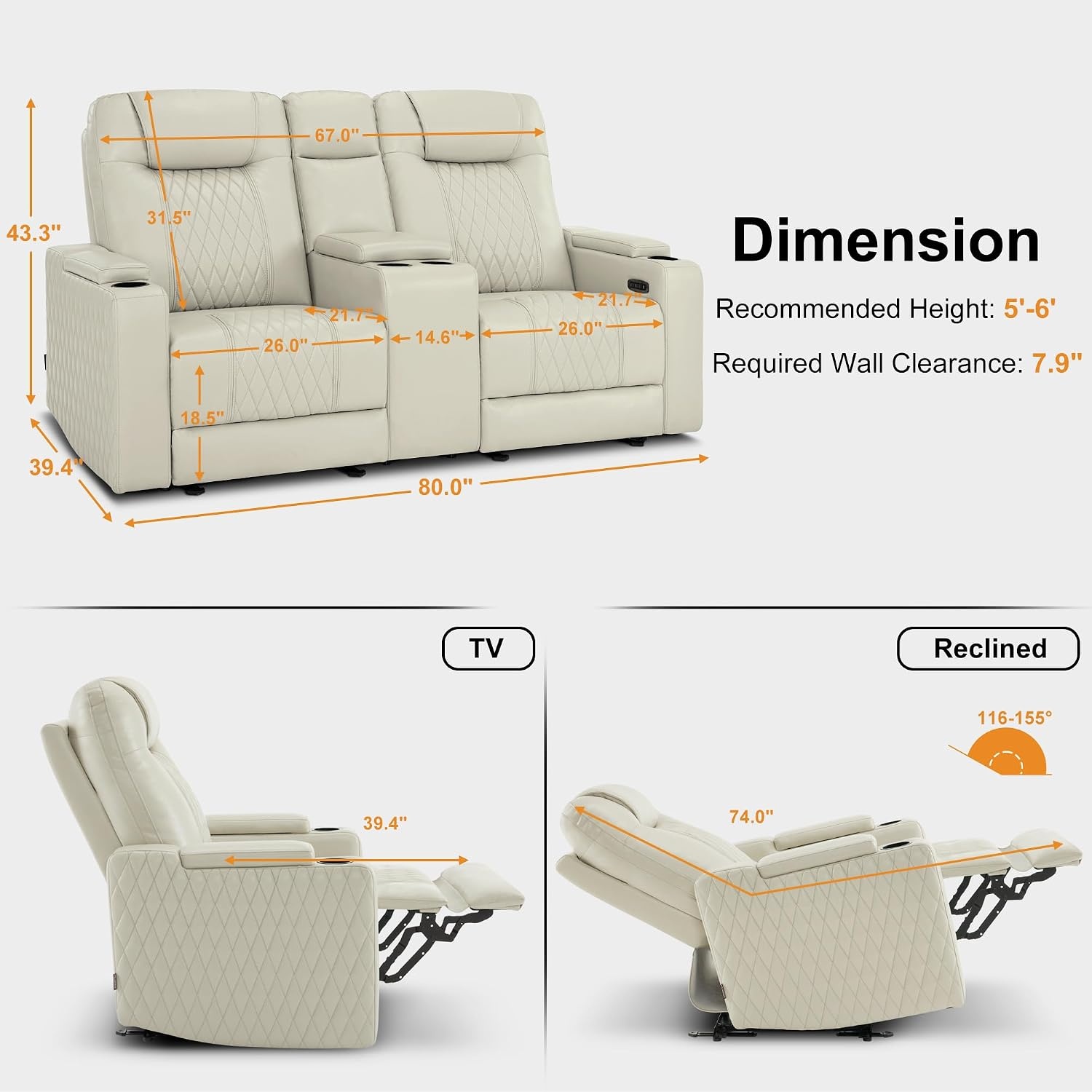 image:imageMCombo 80 Zero Gravity Oversized Power Reclining Loveseat with Adjustable Headrest for Living Room Double Recliner Sofa with USB amp Type C Armrest Storage amp LED Light HTS401SETBeige