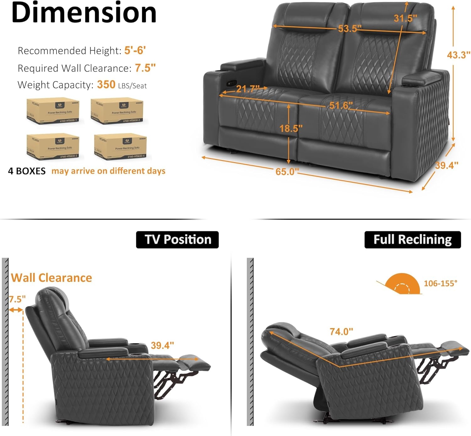 image:imageMCombo 80 Zero Gravity Oversized Power Reclining Loveseat with Adjustable Headrest for Living Room Double Recliner Sofa with USB amp Type C Armrest Storage amp LED Light HTS401SETDark Grey