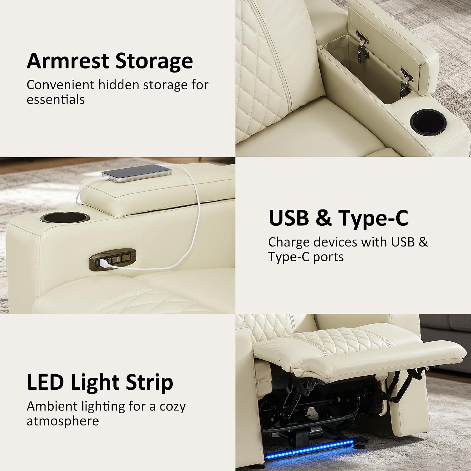 image:imageMCombo 80 Zero Gravity Oversized Power Reclining Loveseat with Adjustable Headrest for Living Room Double Recliner Sofa with USB amp Type C Armrest Storage amp LED Light HTS401SETBeige