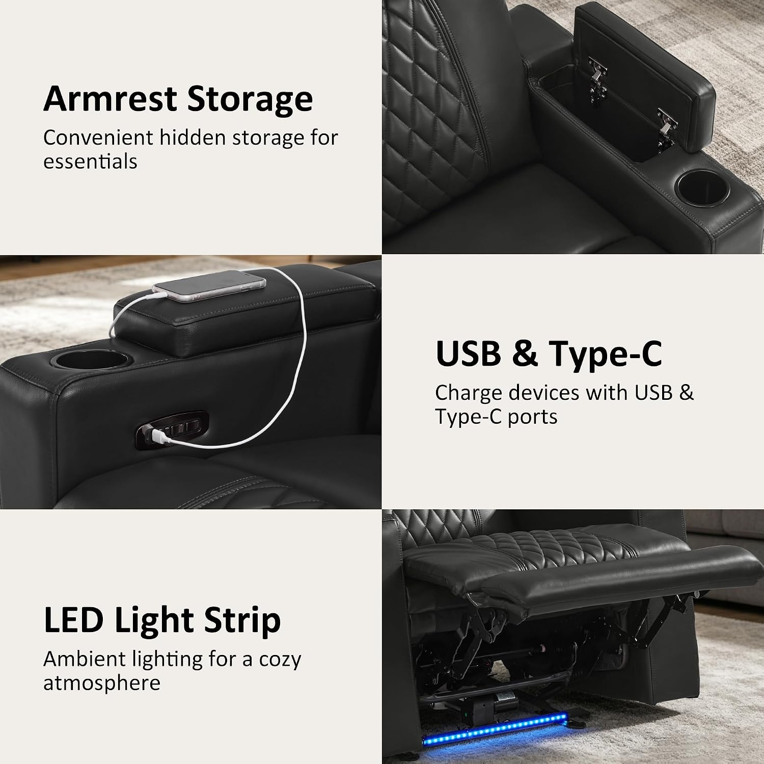image:imageMCombo 80 Zero Gravity Oversized Power Reclining Loveseat with Adjustable Headrest for Living Room Double Recliner Sofa with USB amp Type C Armrest Storage amp LED Light HTS401SETBlack