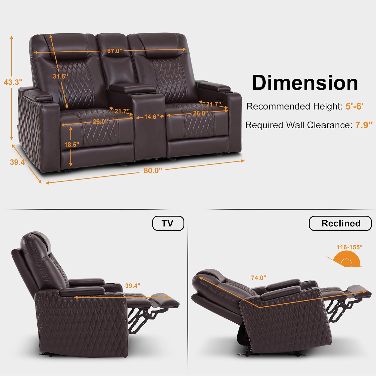image:imageMCombo 80 Zero Gravity Oversized Power Reclining Loveseat with Adjustable Headrest for Living Room Double Recliner Sofa with USB amp Type C Armrest Storage amp LED Light HTS401SETBrown
