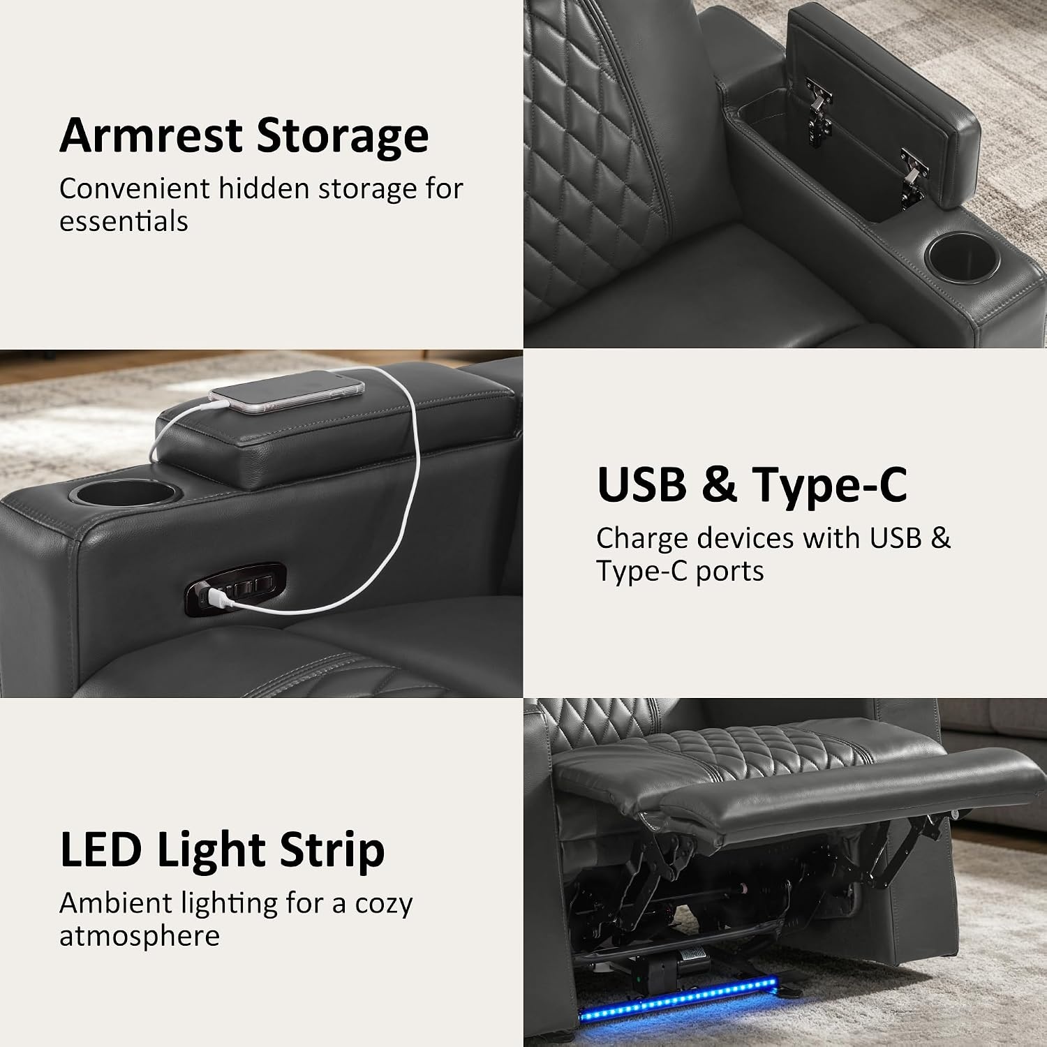 image:imageMCombo 80 Zero Gravity Oversized Power Reclining Loveseat with Adjustable Headrest for Living Room Double Recliner Sofa with USB amp Type C Armrest Storage amp LED Light HTS401SETDark Grey