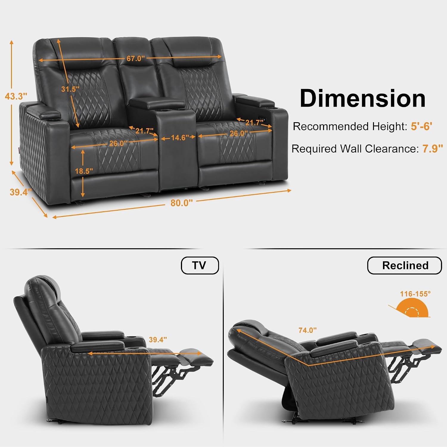 image:imageMCombo 80 Zero Gravity Oversized Power Reclining Loveseat with Adjustable Headrest for Living Room Double Recliner Sofa with USB amp Type C Armrest Storage amp LED Light HTS401SETDark Grey
