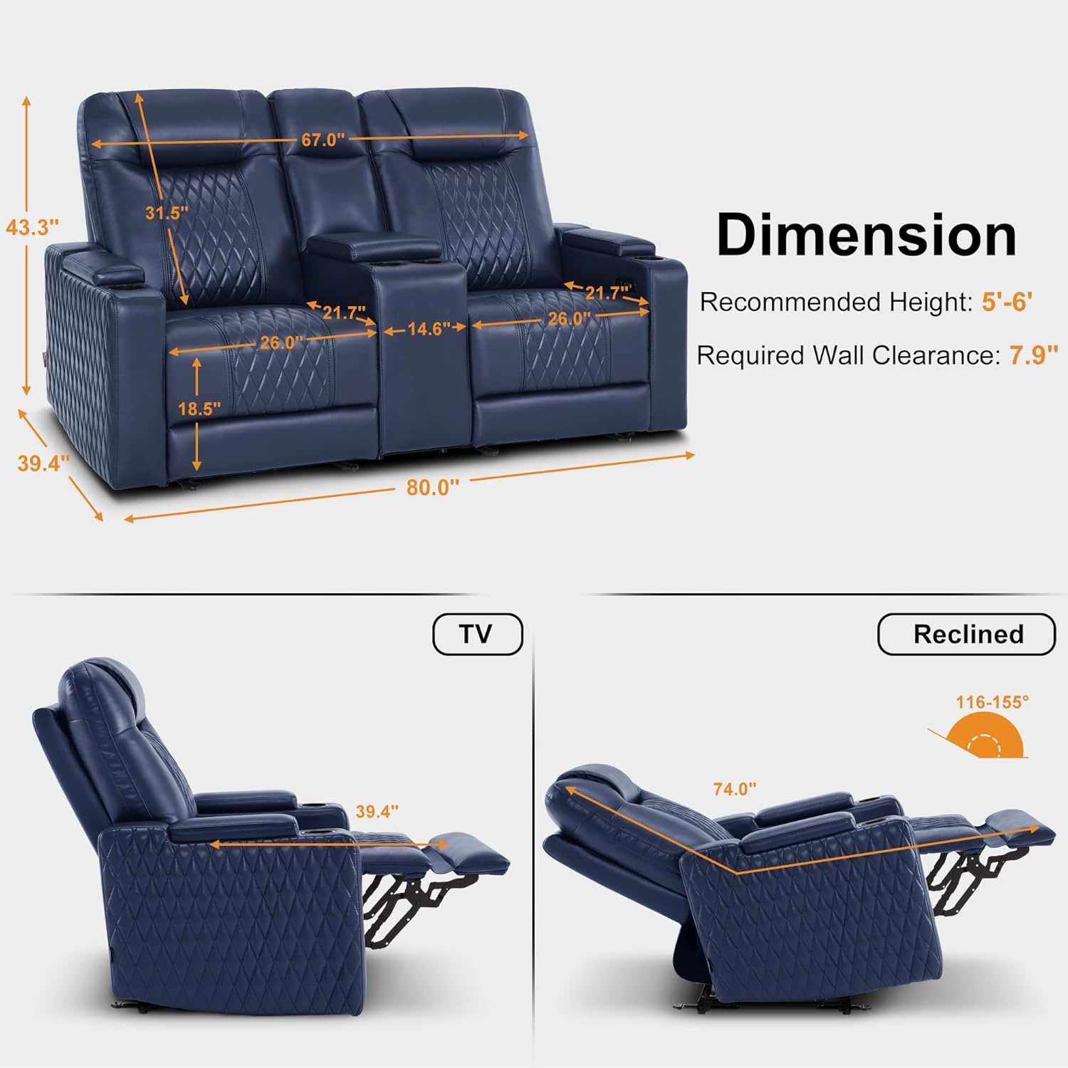 image:imageMCombo 80 Zero Gravity Oversized Power Reclining Loveseat with Adjustable Headrest for Living Room Double Recliner Sofa with USB amp Type C Armrest Storage amp LED Light HTS401SETNavy Blue