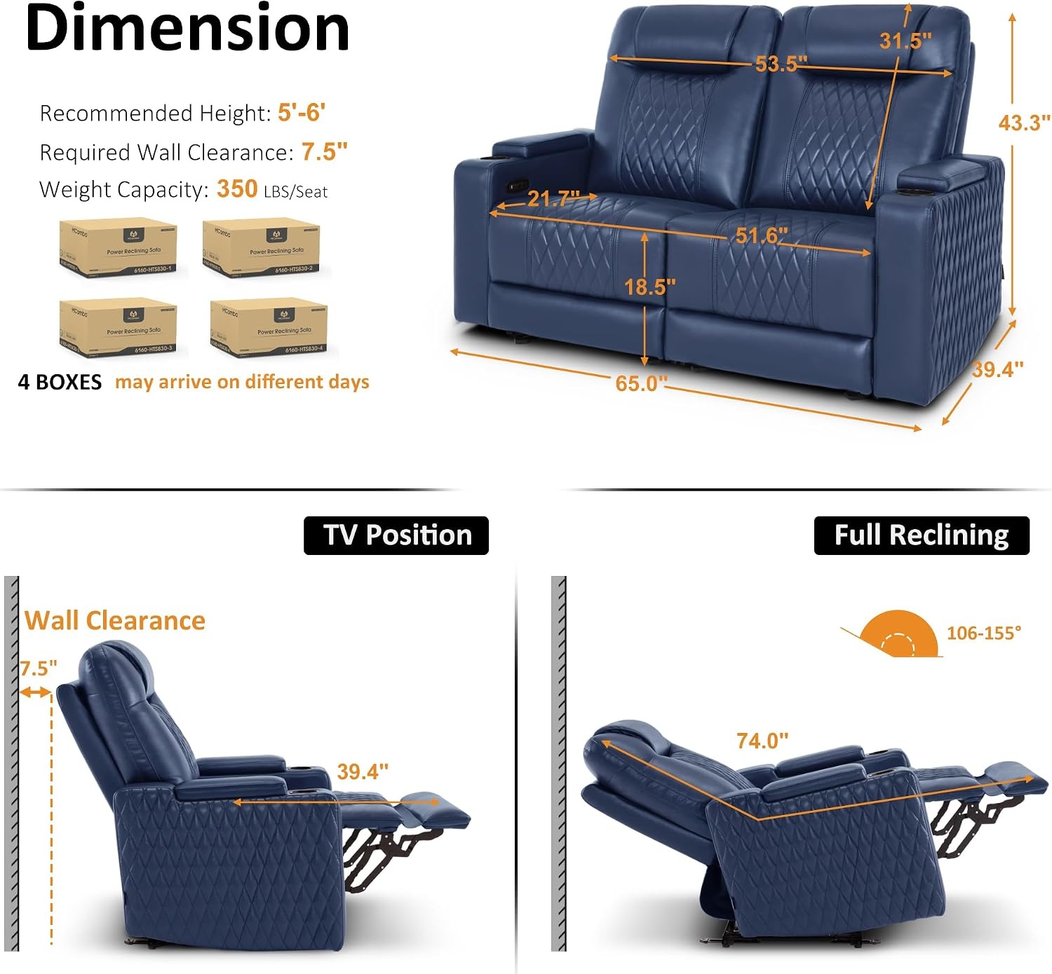 image:imageMCombo 80 Zero Gravity Oversized Power Reclining Loveseat with Adjustable Headrest for Living Room Double Recliner Sofa with USB amp Type C Armrest Storage amp LED Light HTS401SETNavy Blue
