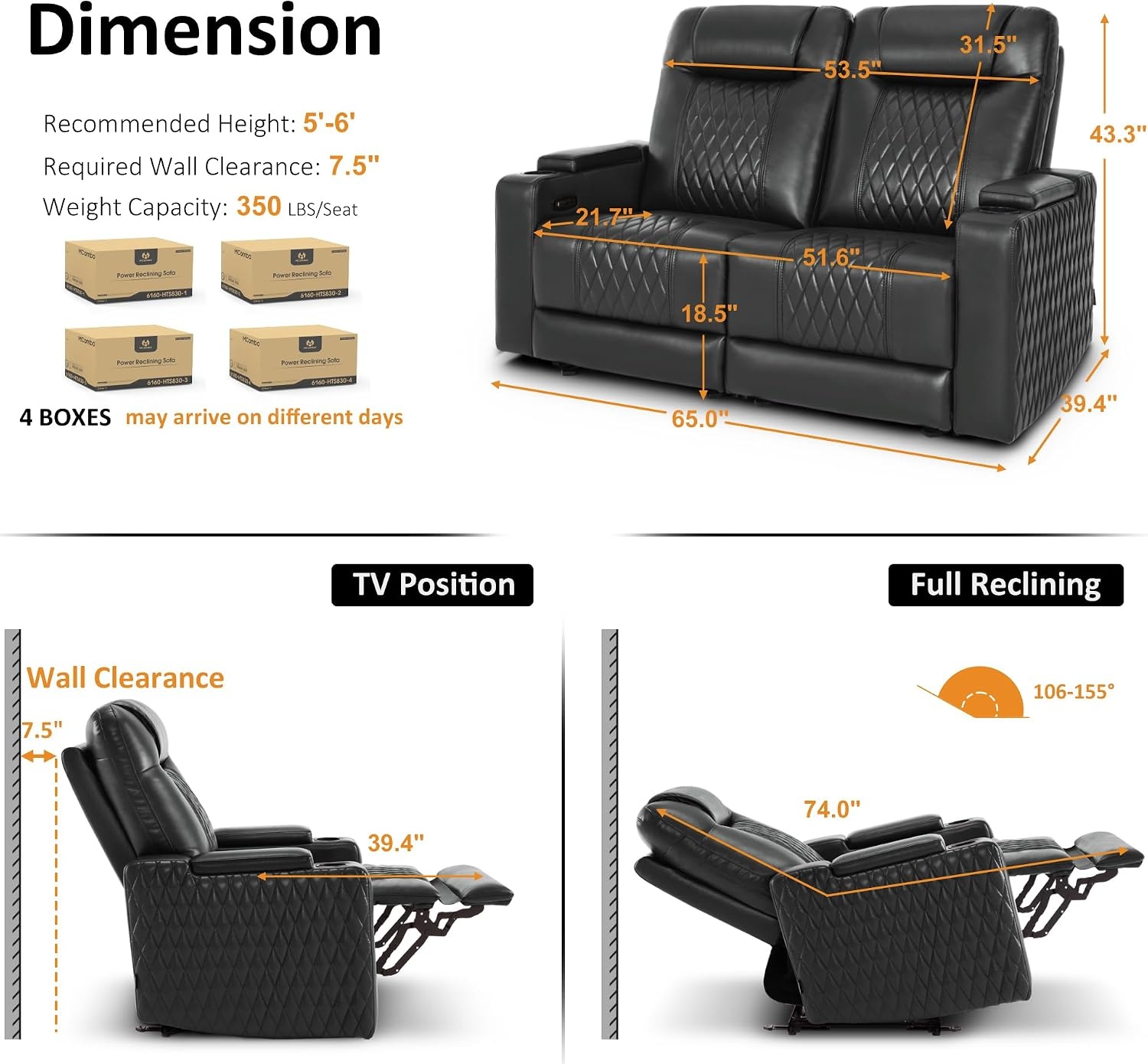 image:imageMCombo 80 Zero Gravity Oversized Power Reclining Loveseat with Adjustable Headrest for Living Room Double Recliner Sofa with USB amp Type C Armrest Storage amp LED Light HTS401SETBlack