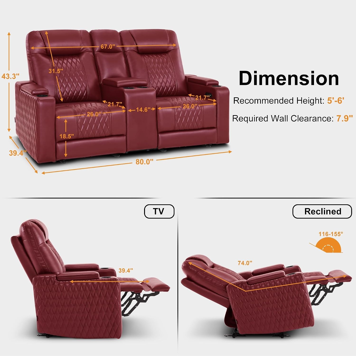 image:imageMCombo 80 Zero Gravity Oversized Power Reclining Loveseat with Adjustable Headrest for Living Room Double Recliner Sofa with USB amp Type C Armrest Storage amp LED Light HTS401SETRed