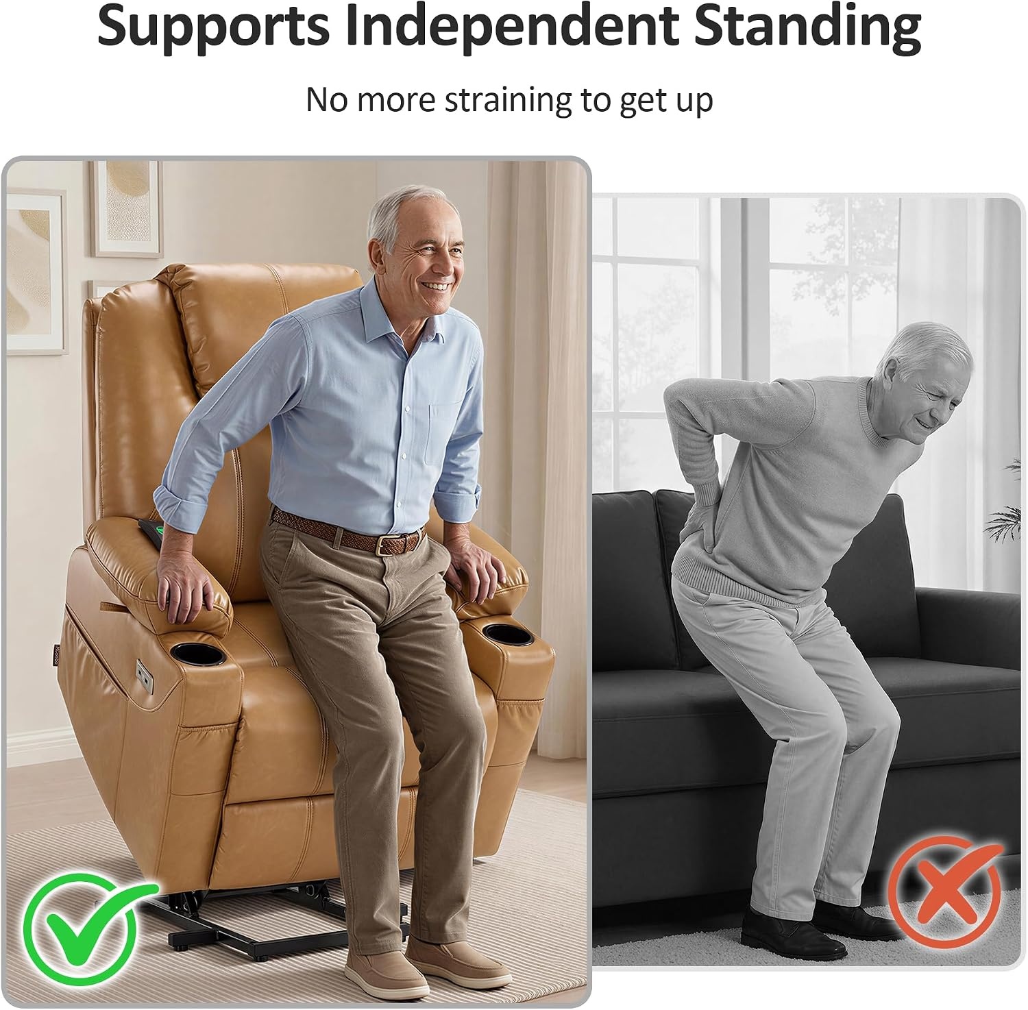 image:imageMCombo Extra Wide Power Lift Recliner Chair for Elderly Lift Chair with Heat and Massage for Big People USBampType C Ports Cup Holders Faux Leather R7045 Grey MediumWideTawny