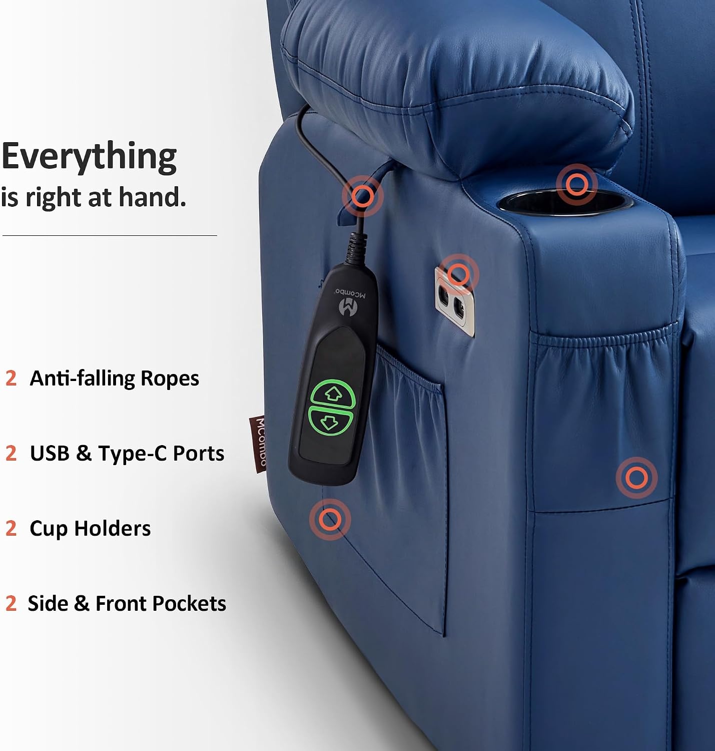 image:imageMCombo Extra Wide Power Lift Recliner Chair for Elderly Lift Chair with Heat and Massage for Big People USBampType C Ports Cup Holders Faux Leather R7045 Grey MediumWideBlue