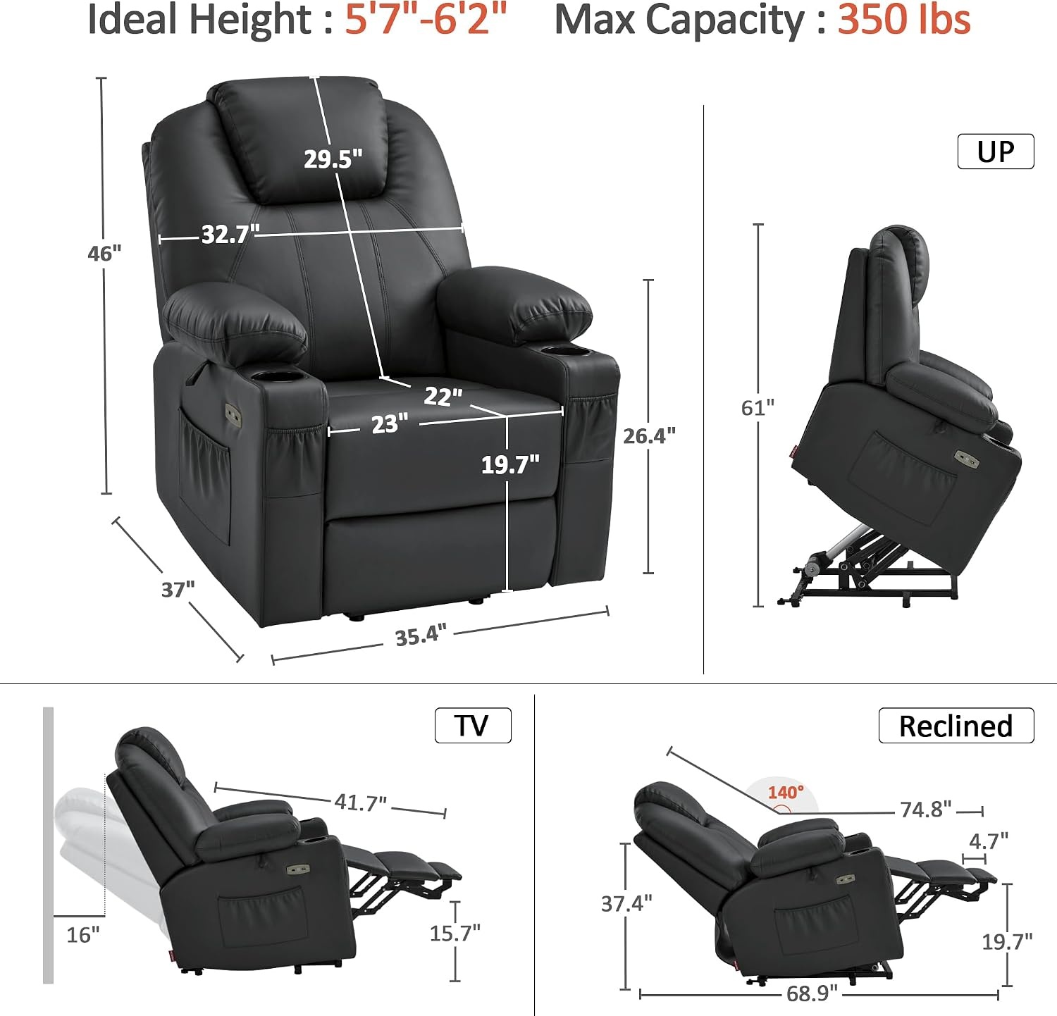 image:imageMCombo Extra Wide Power Lift Recliner Chair for Elderly Lift Chair with Heat and Massage for Big People USBampType C Ports Cup Holders Faux Leather R7045 Grey MediumWideBlack