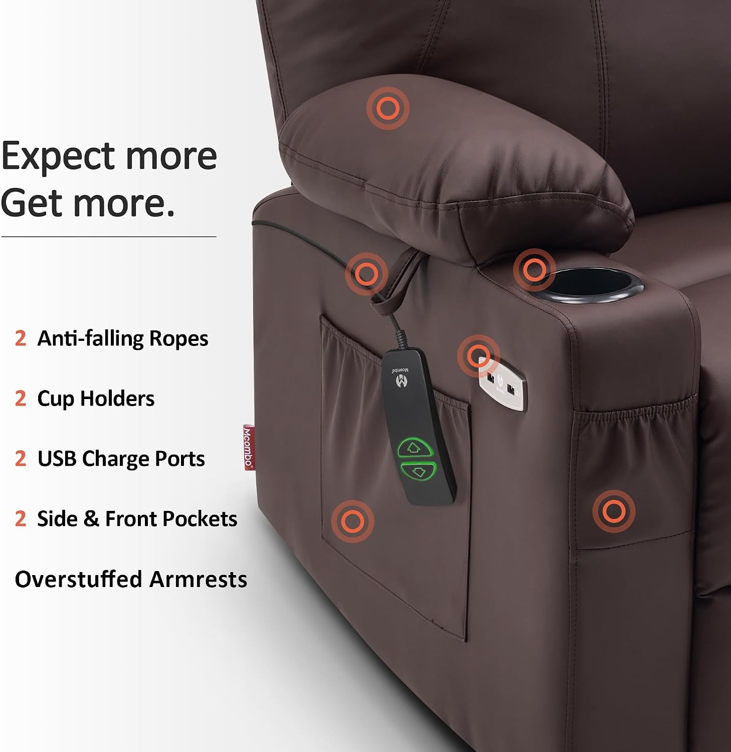 image:imageMCombo Extra Wide Power Lift Recliner Chair for Elderly Lift Chair with Heat and Massage for Big People USBampType C Ports Cup Holders Faux Leather R7045 Grey MediumWideLight Brown