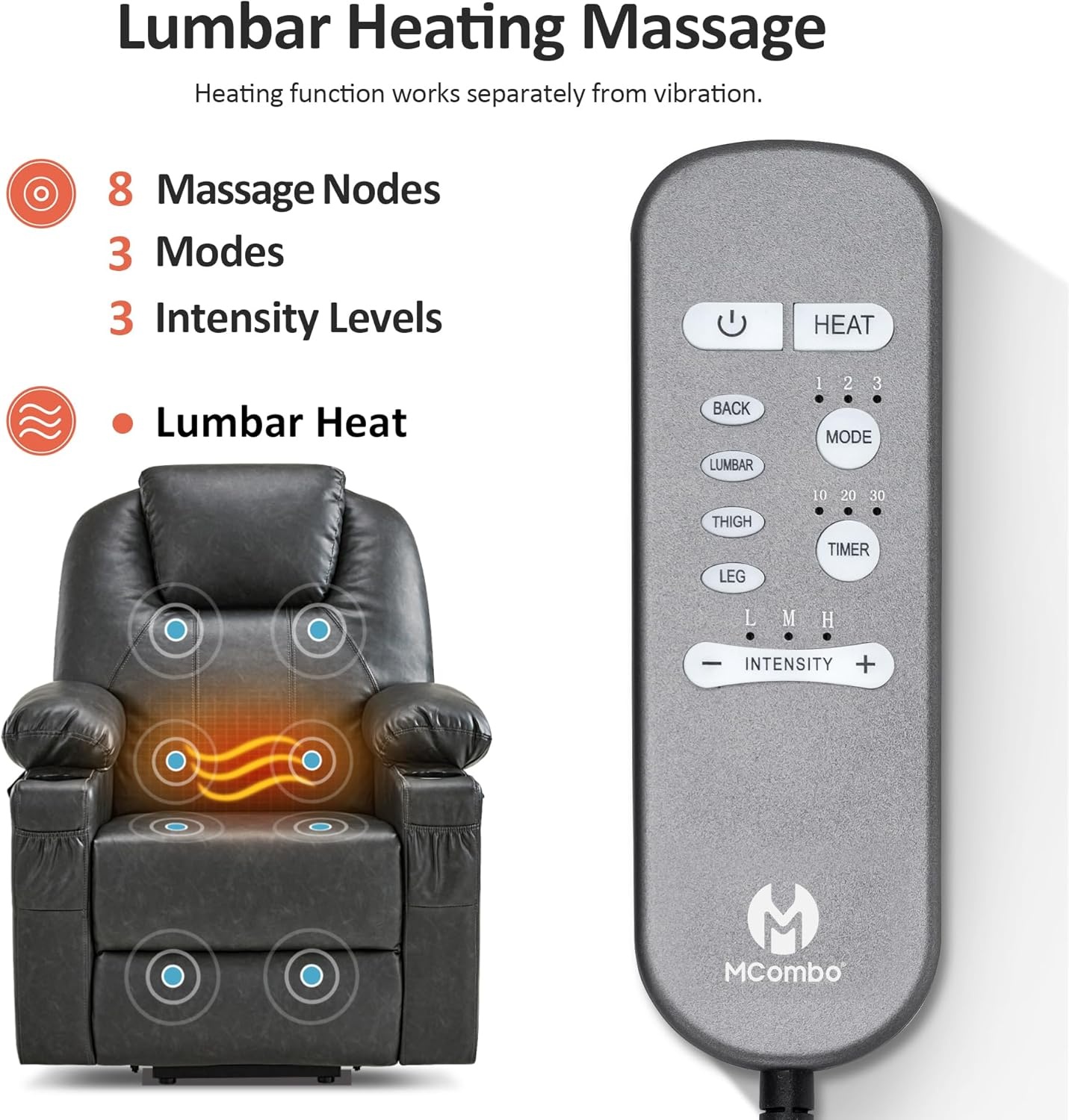 image:imageMCombo Extra Wide Power Lift Recliner Chair for Elderly Lift Chair with Heat and Massage for Big People USBampType C Ports Cup Holders Faux Leather R7045 Grey MediumWideGrey