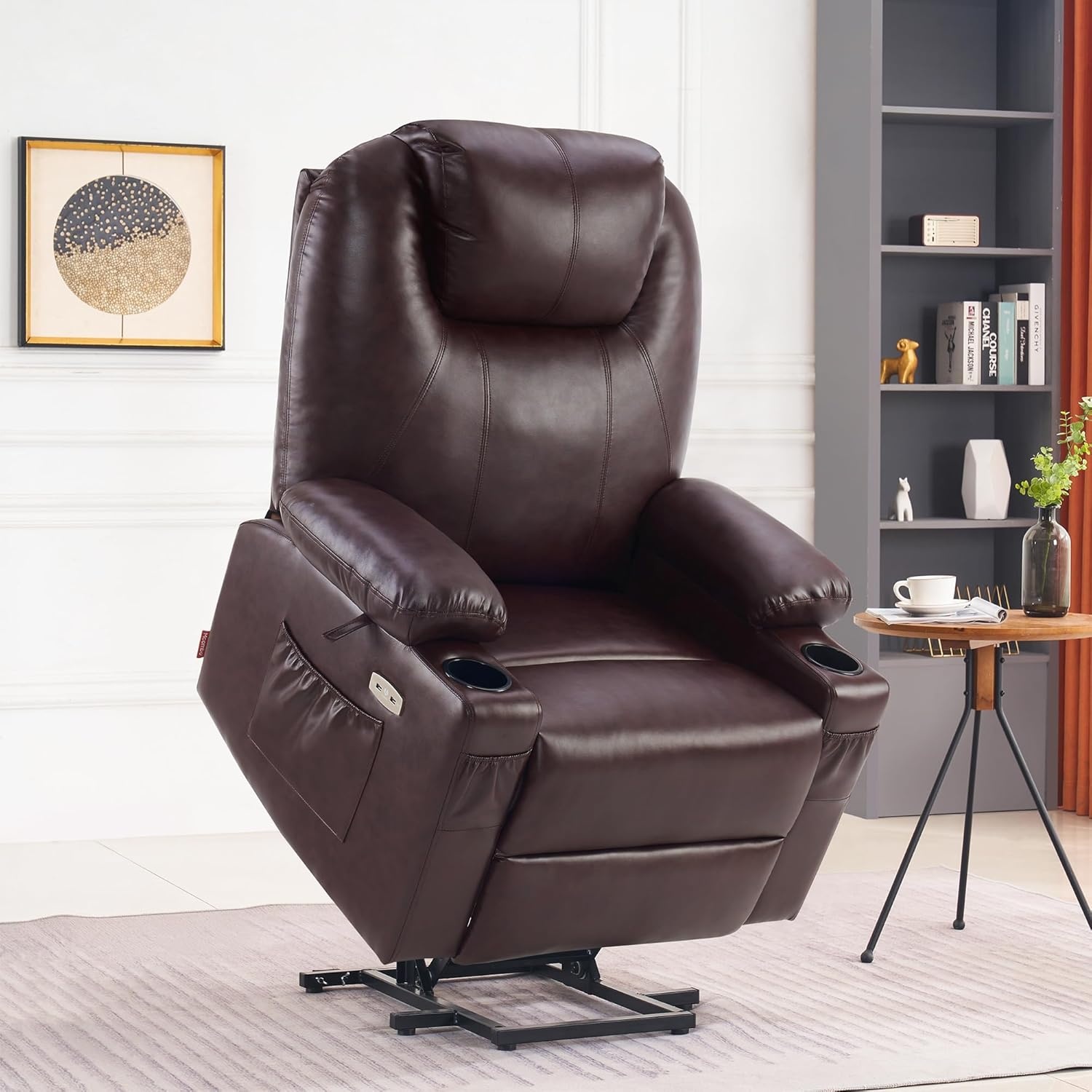image:imageMCombo Extra Wide Power Lift Recliner Chair for Elderly Lift Chair with Heat and Massage for Big People USBampType C Ports Cup Holders Faux Leather R7045 Grey MediumWideDark Brown