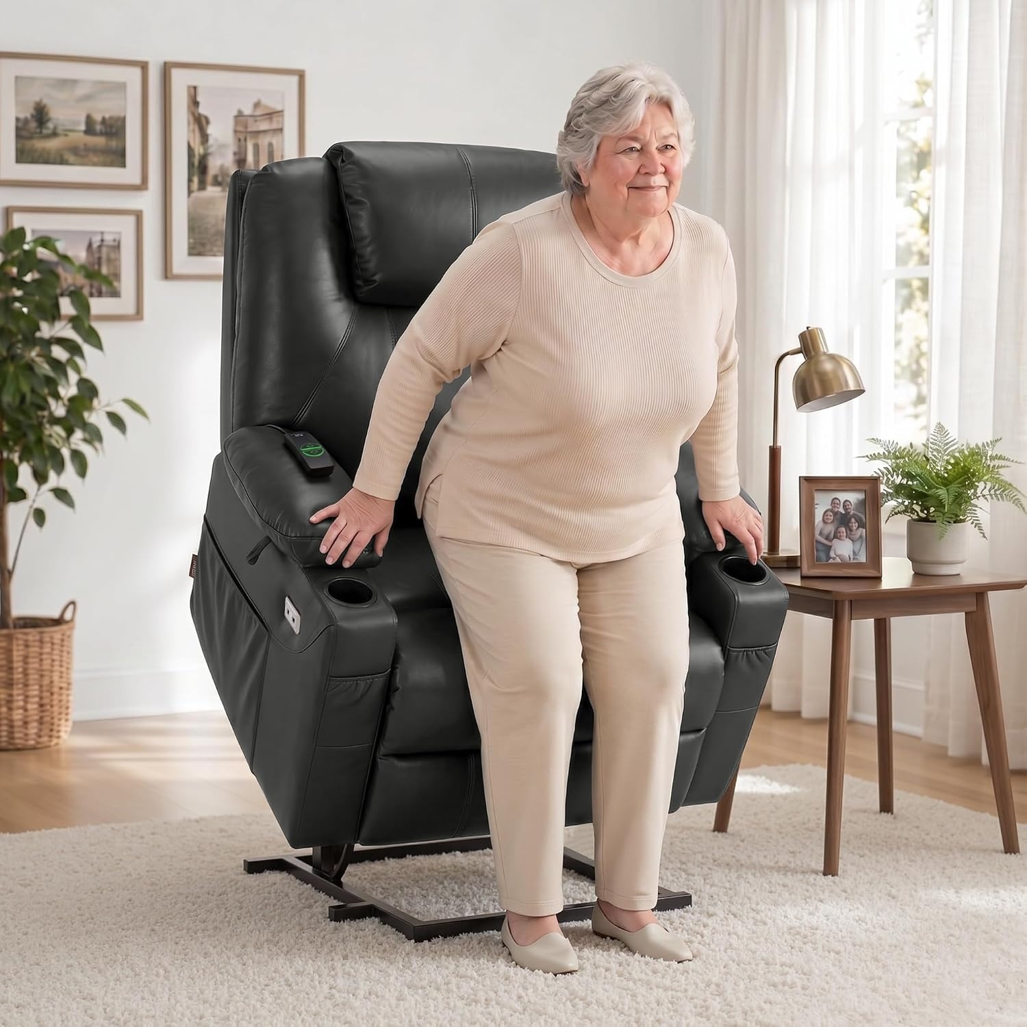 image:imageMCombo Extra Wide Power Lift Recliner Chair for Elderly Lift Chair with Heat and Massage for Big People USBampType C Ports Cup Holders Faux Leather R7045 Grey MediumWideGrey