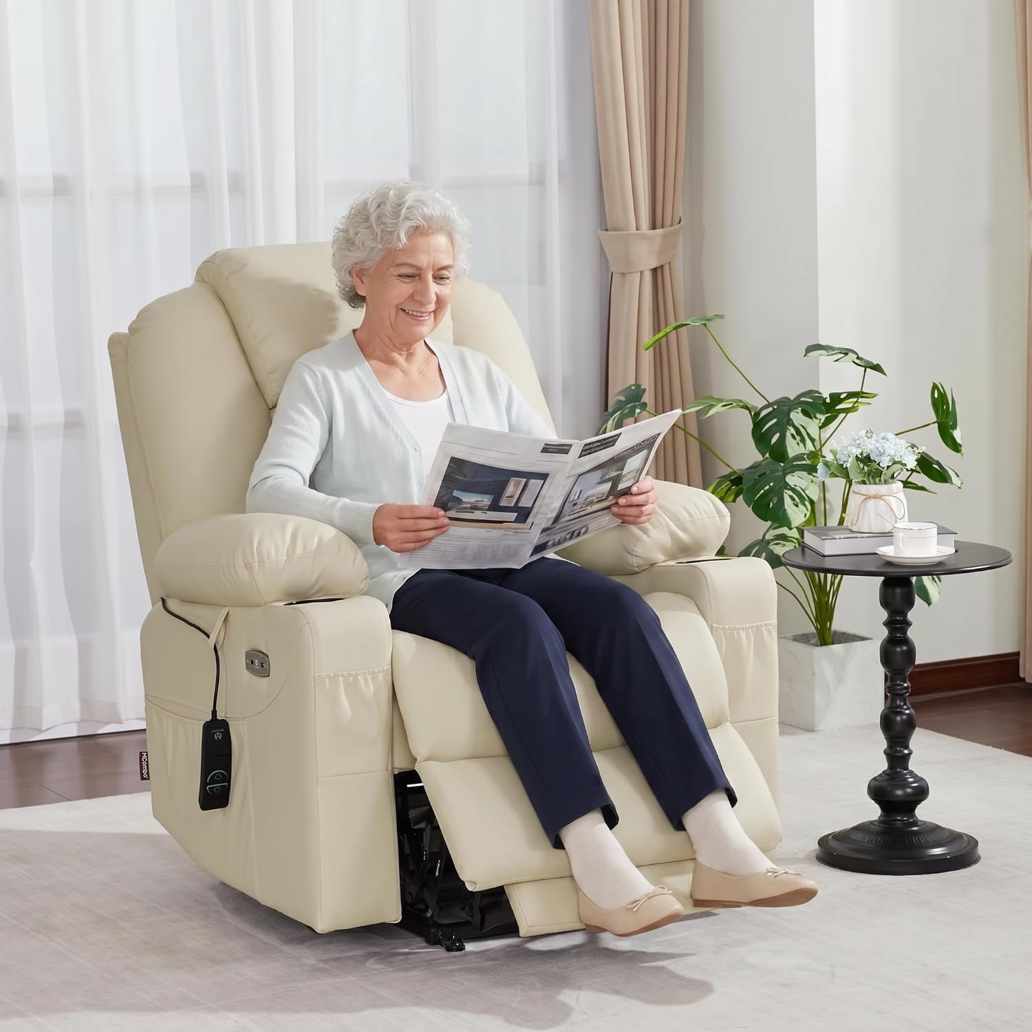 image:imageMCombo Extra Wide Power Lift Recliner Chair for Elderly Lift Chair with Heat and Massage for Big People USBampType C Ports Cup Holders Faux Leather R7045 Grey MediumWideCream White
