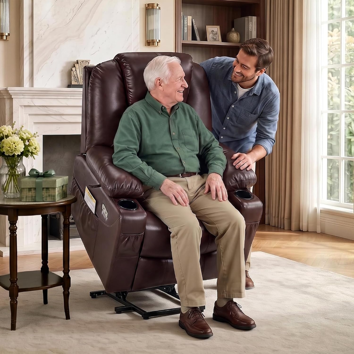 image:imageMCombo Extra Wide Power Lift Recliner Chair for Elderly Lift Chair with Heat and Massage for Big People USBampType C Ports Cup Holders Faux Leather R7045 Grey MediumWideDark Brown