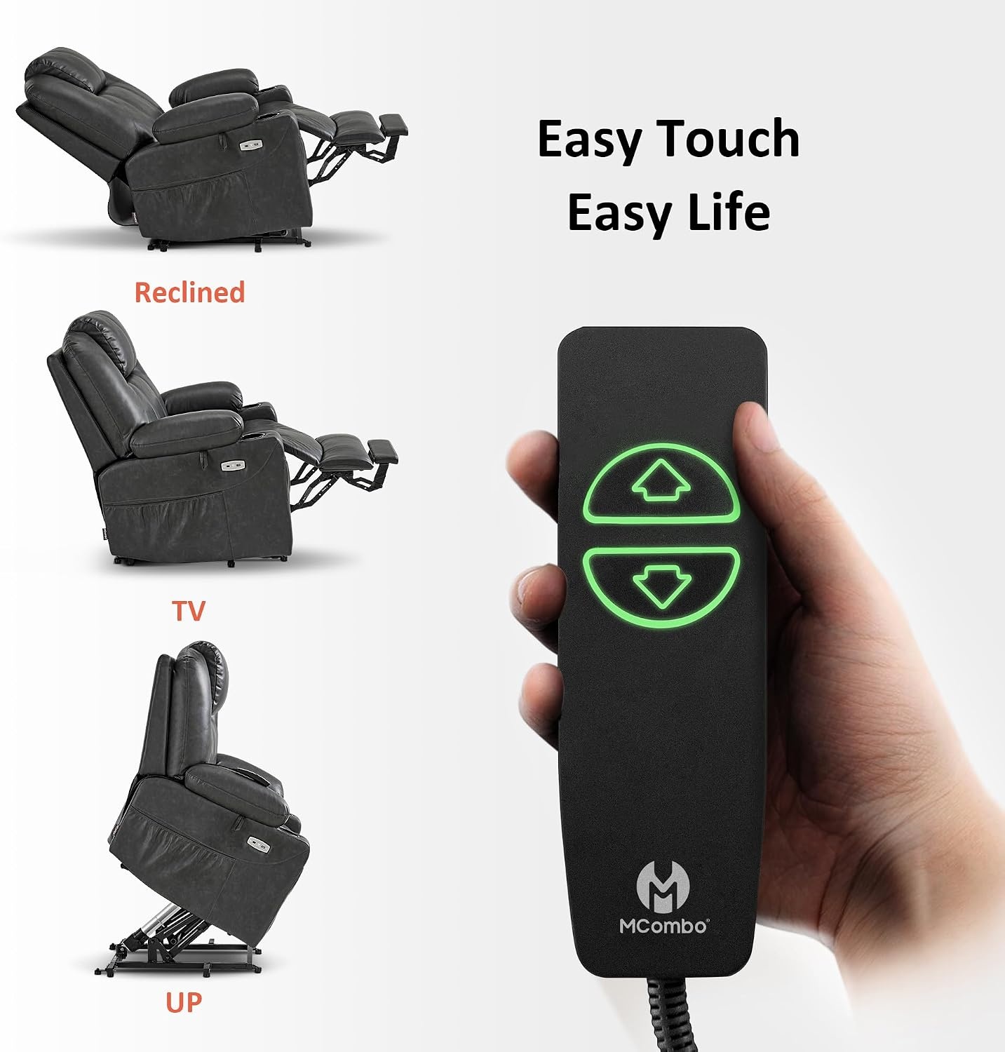 image:imageMCombo Extra Wide Power Lift Recliner Chair for Elderly Lift Chair with Heat and Massage for Big People USBampType C Ports Cup Holders Faux Leather R7045 Grey MediumWideGrey