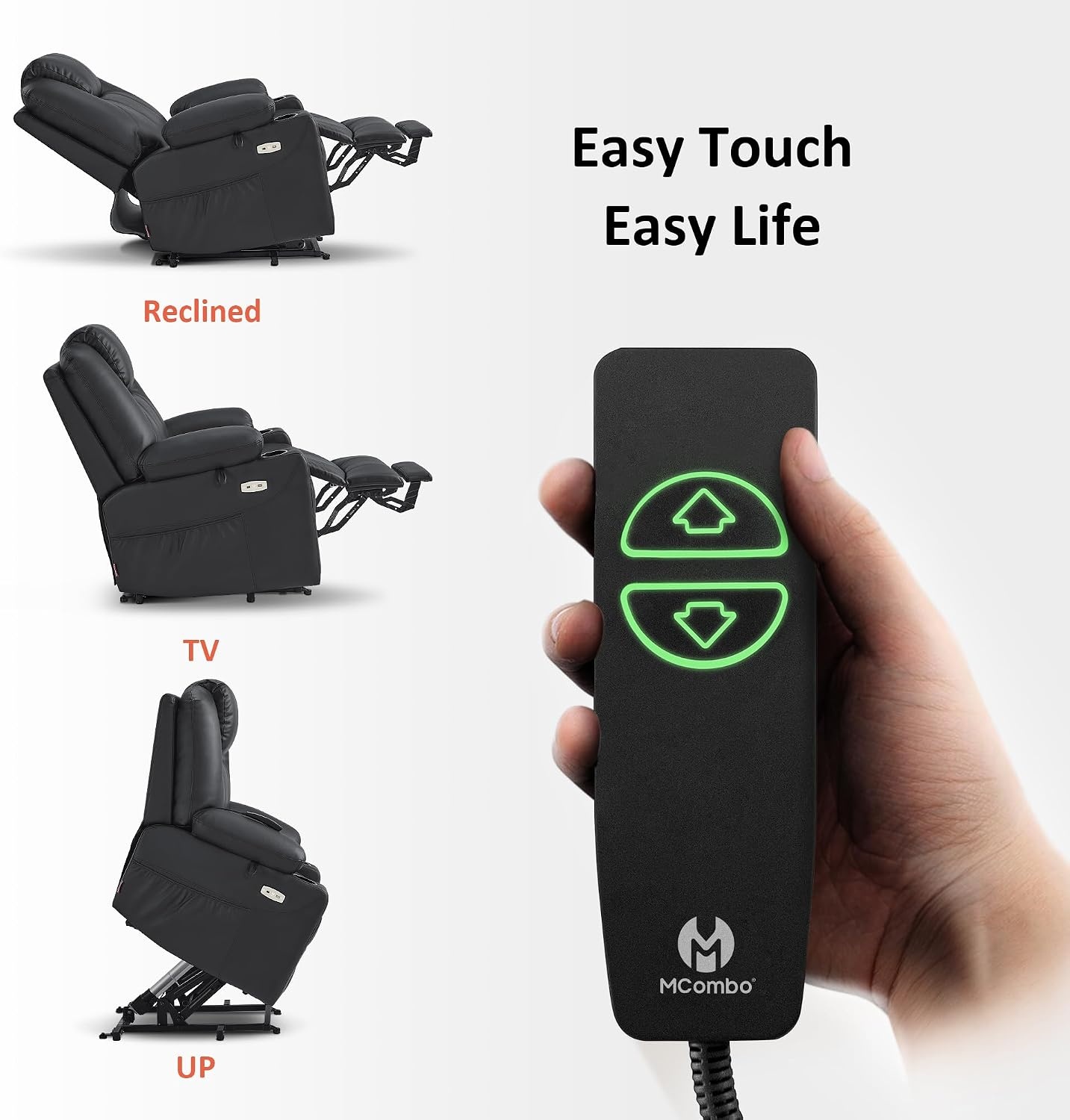 image:imageMCombo Extra Wide Power Lift Recliner Chair for Elderly Lift Chair with Heat and Massage for Big People USBampType C Ports Cup Holders Faux Leather R7045 Grey MediumWideBlack