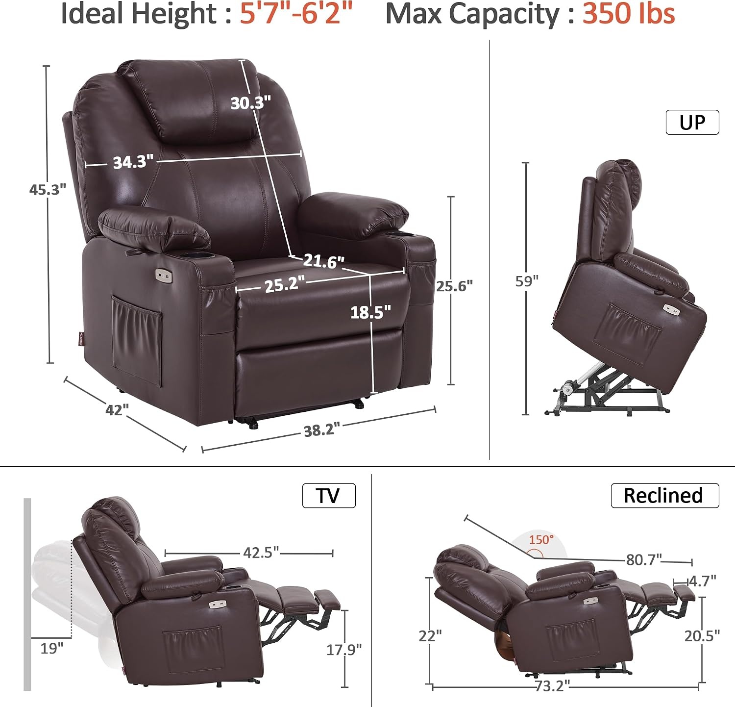 image:imageMCombo Extra Wide Power Lift Recliner Chair for Elderly Lift Chair with Heat and Massage for Big People USBampType C Ports Cup Holders Faux Leather R7045 Grey MediumWideDark Brown