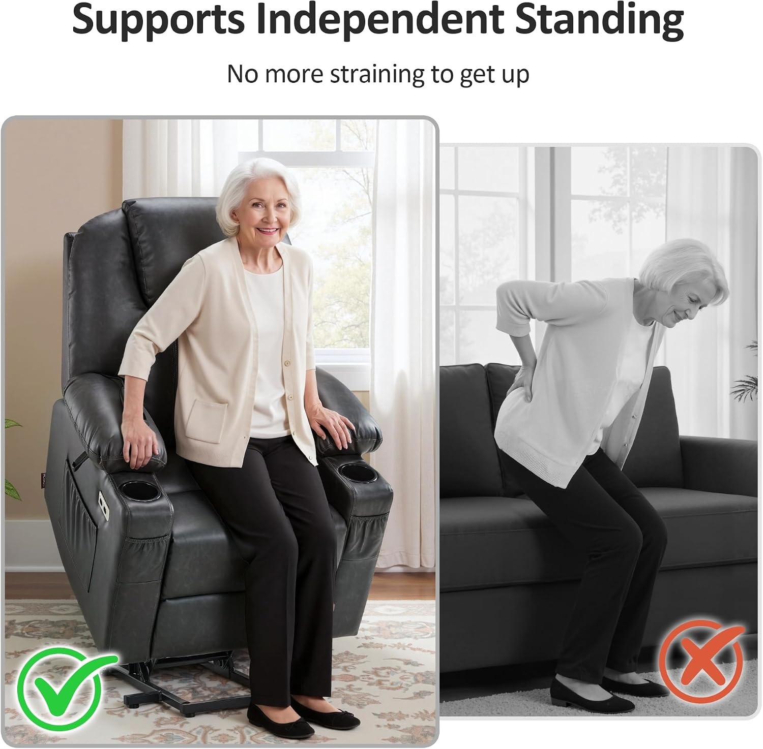image:imageMCombo Extra Wide Power Lift Recliner Chair for Elderly Lift Chair with Heat and Massage for Big People USBampType C Ports Cup Holders Faux Leather R7045 Grey MediumWideGrey
