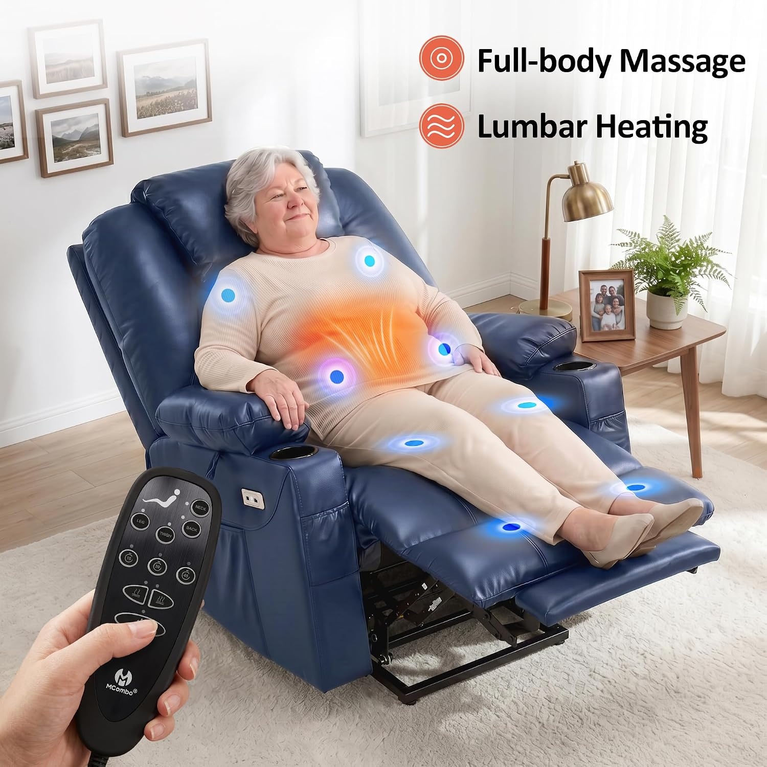 image:imageMCombo Extra Wide Power Lift Recliner Chair for Elderly Lift Chair with Heat and Massage for Big People USBampType C Ports Cup Holders Faux Leather R7045 Grey MediumWideBlue