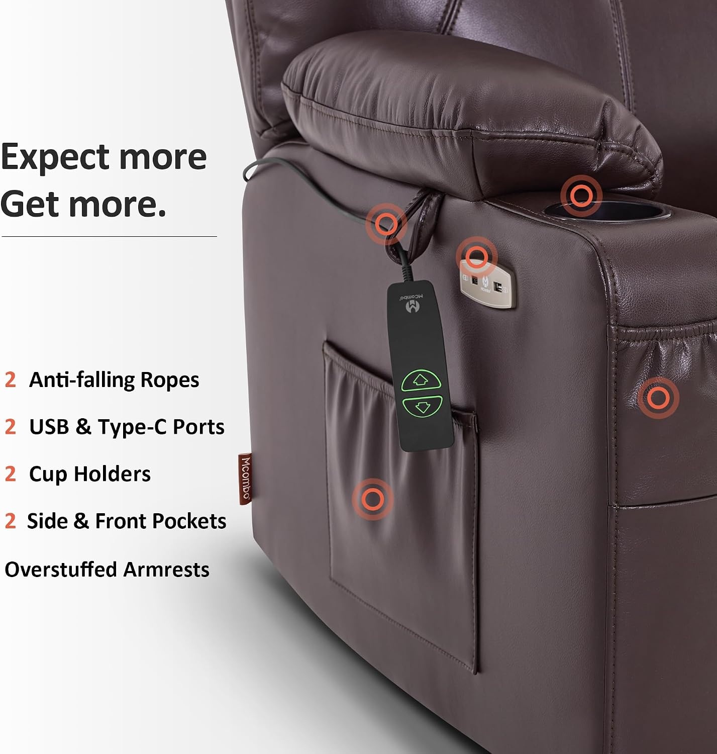 image:imageMCombo Extra Wide Power Lift Recliner Chair for Elderly Lift Chair with Heat and Massage for Big People USBampType C Ports Cup Holders Faux Leather R7045 Grey MediumWideDark Brown