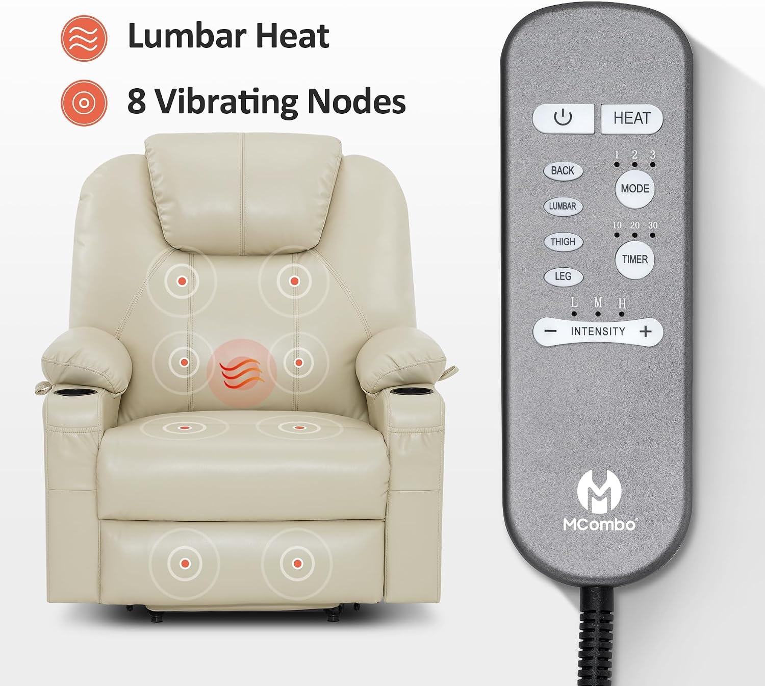 image:imageMCombo Extra Wide Power Lift Recliner Chair for Elderly Lift Chair with Heat and Massage for Big People USBampType C Ports Cup Holders Faux Leather R7045 Grey MediumWideCream White
