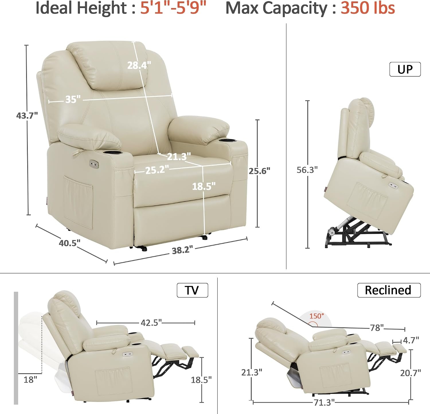 image:imageMCombo Extra Wide Power Lift Recliner Chair for Elderly Lift Chair with Heat and Massage for Big People USBampType C Ports Cup Holders Faux Leather R7045 Grey MediumWideCream White