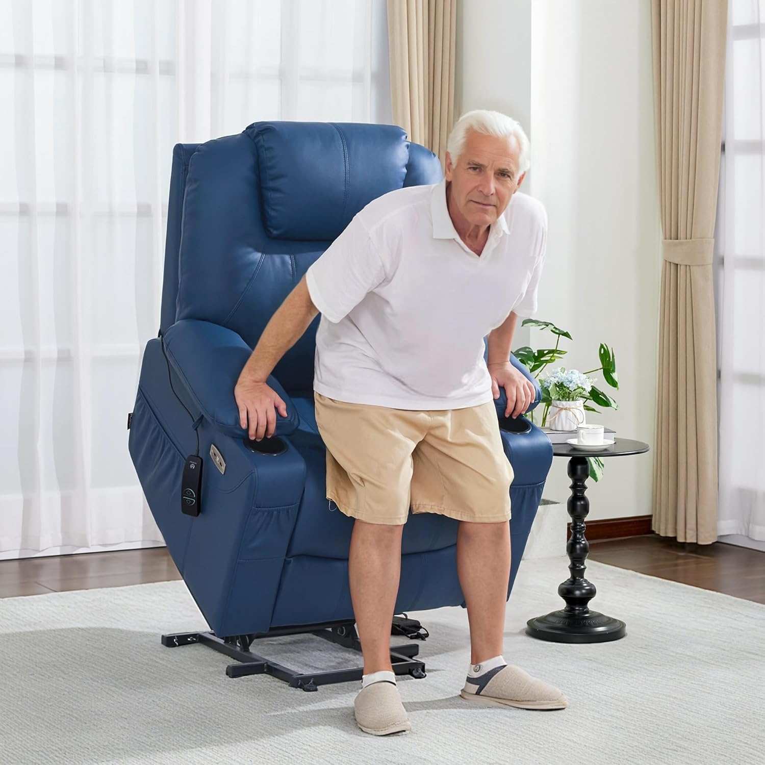 image:imageMCombo Extra Wide Power Lift Recliner Chair for Elderly Lift Chair with Heat and Massage for Big People USBampType C Ports Cup Holders Faux Leather R7045 Grey MediumWideBlue