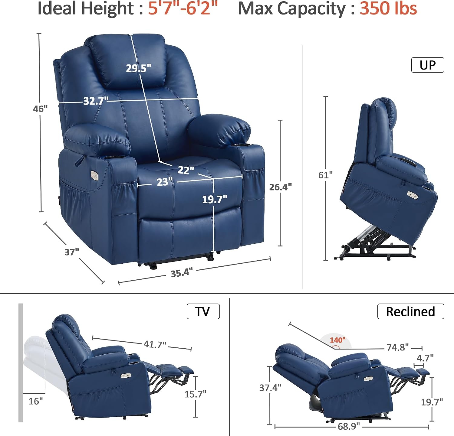 image:imageMCombo Extra Wide Power Lift Recliner Chair for Elderly Lift Chair with Heat and Massage for Big People USBampType C Ports Cup Holders Faux Leather R7045 Grey MediumWideBlue