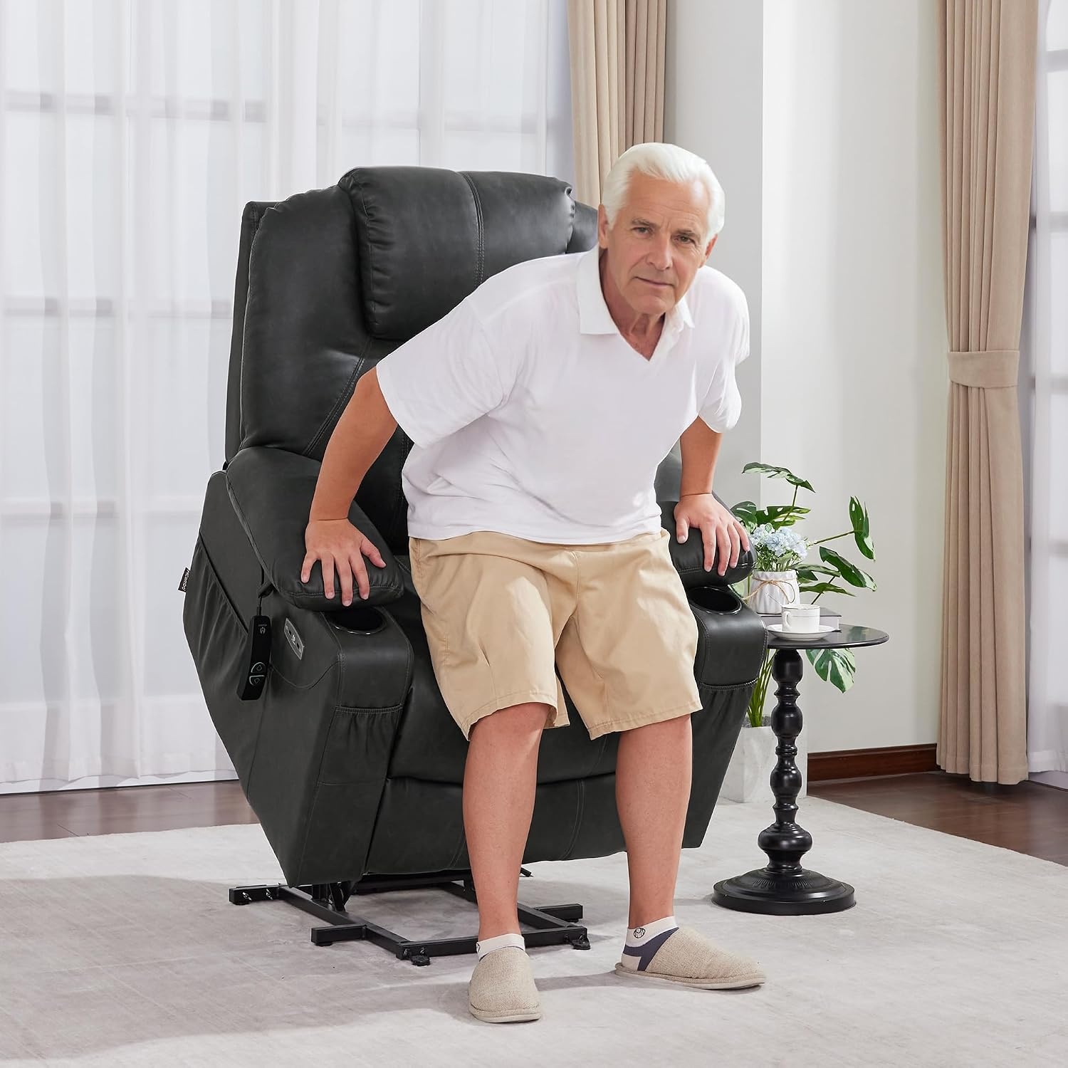 image:imageMCombo Extra Wide Power Lift Recliner Chair for Elderly Lift Chair with Heat and Massage for Big People USBampType C Ports Cup Holders Faux Leather R7045 Grey MediumWideGrey