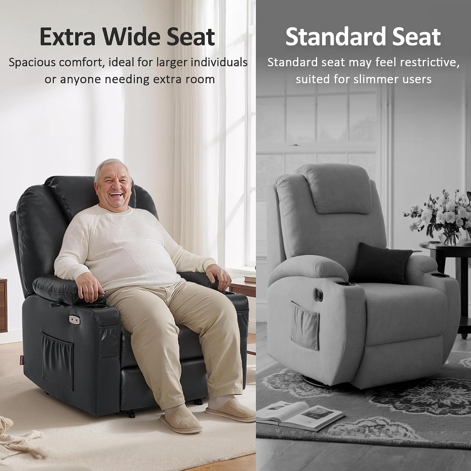 image:imageMCombo Extra Wide Power Lift Recliner Chair for Elderly Lift Chair with Heat and Massage for Big People USBampType C Ports Cup Holders Faux Leather R7045 Grey MediumWideBlack