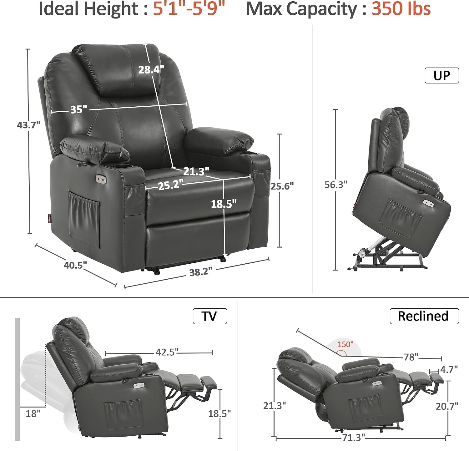 image:imageMCombo Extra Wide Power Lift Recliner Chair for Elderly Lift Chair with Heat and Massage for Big People USBampType C Ports Cup Holders Faux Leather R7045 Grey MediumWideGrey