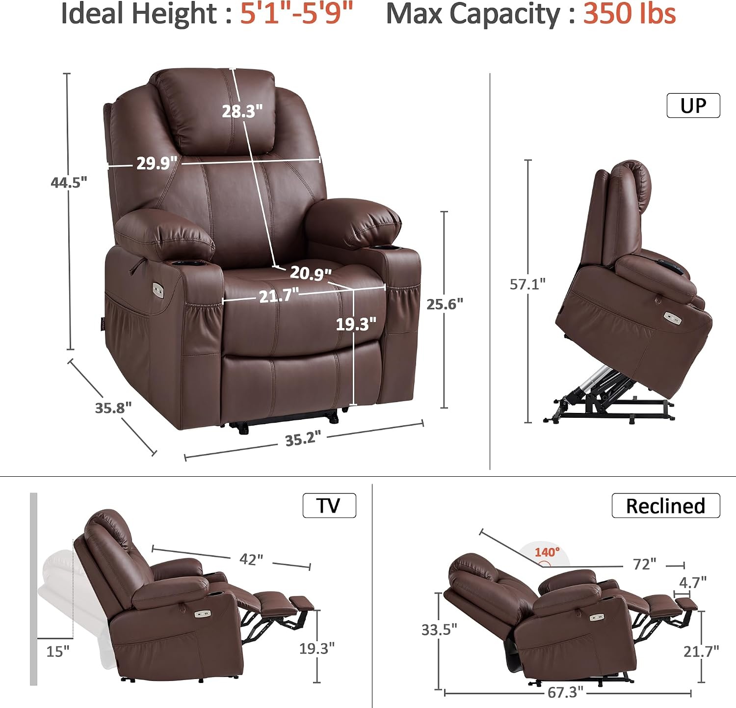 image:imageMCombo Extra Wide Power Lift Recliner Chair for Elderly Lift Chair with Heat and Massage for Big People USBampType C Ports Cup Holders Faux Leather R7045 Grey MediumWideLight Brown