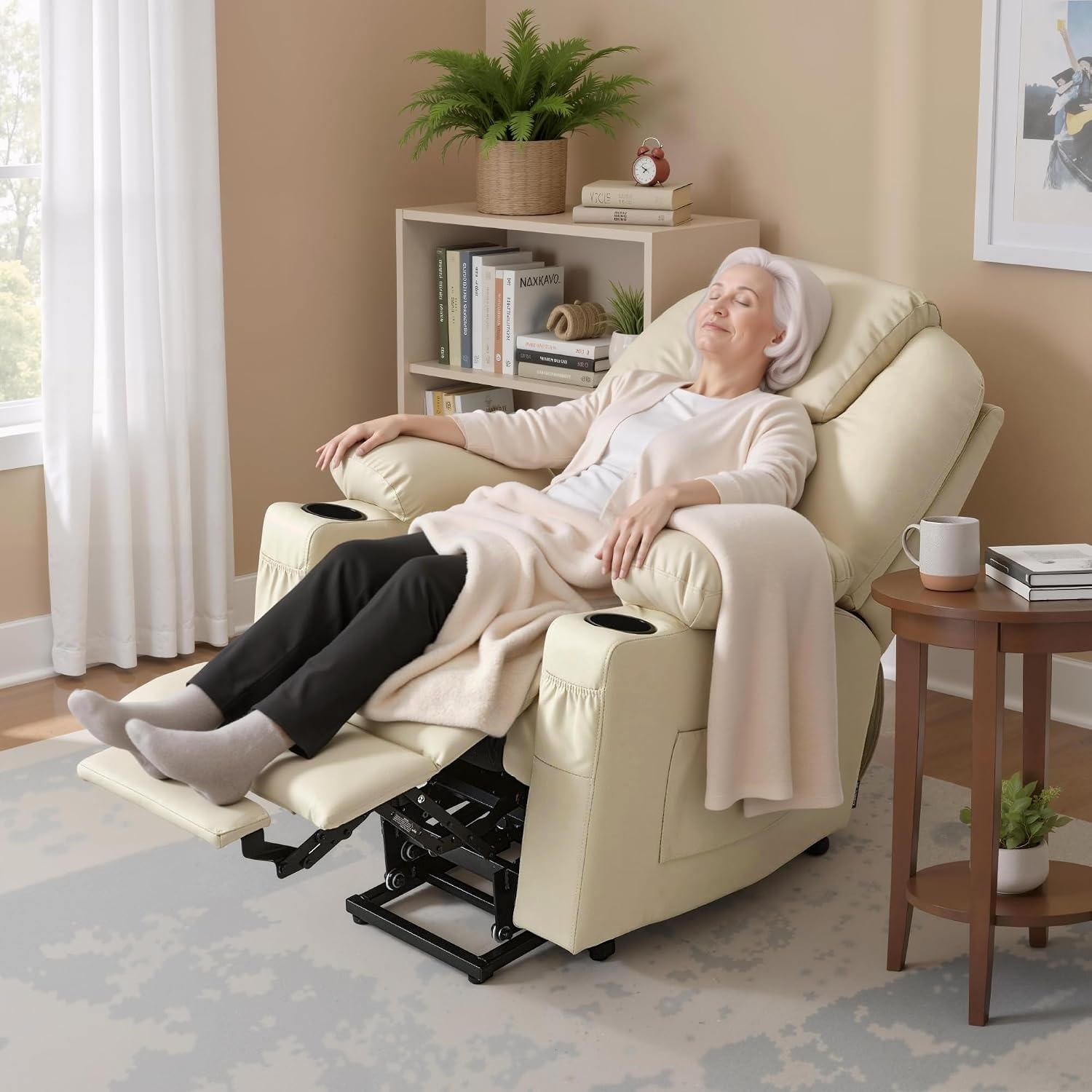 image:imageMCombo Extra Wide Power Lift Recliner Chair for Elderly Lift Chair with Heat and Massage for Big People USBampType C Ports Cup Holders Faux Leather R7045 Grey MediumWideCream White