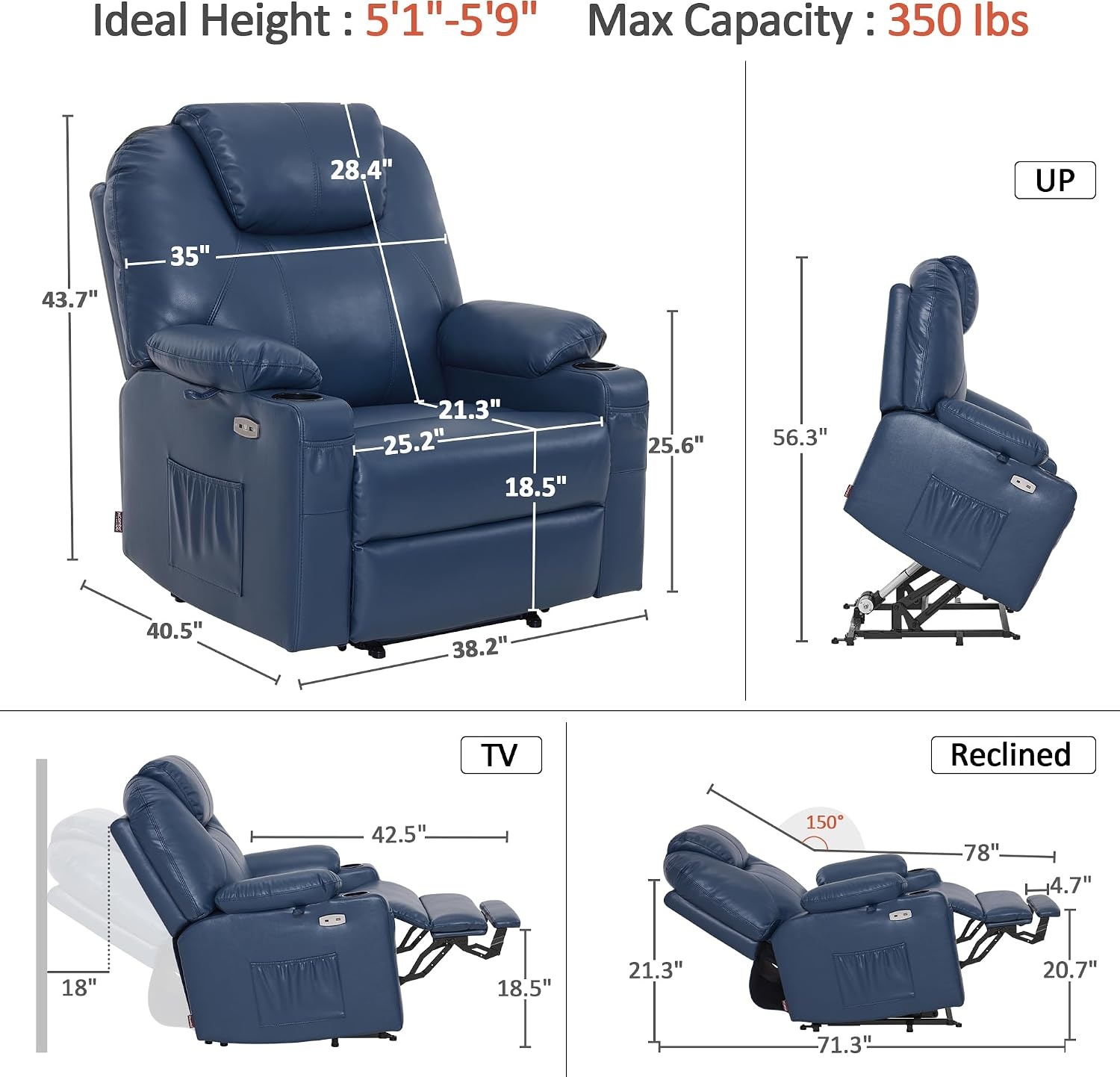 image:imageMCombo Extra Wide Power Lift Recliner Chair for Elderly Lift Chair with Heat and Massage for Big People USBampType C Ports Cup Holders Faux Leather R7045 Grey MediumWideBlue