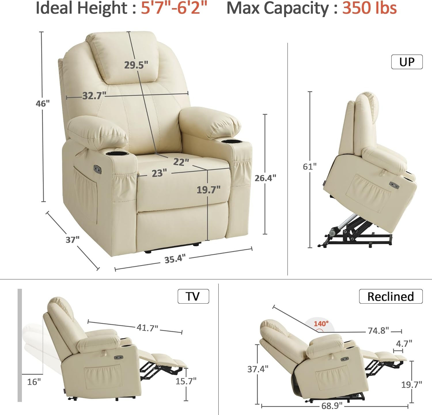image:imageMCombo Extra Wide Power Lift Recliner Chair for Elderly Lift Chair with Heat and Massage for Big People USBampType C Ports Cup Holders Faux Leather R7045 Grey MediumWideCream White