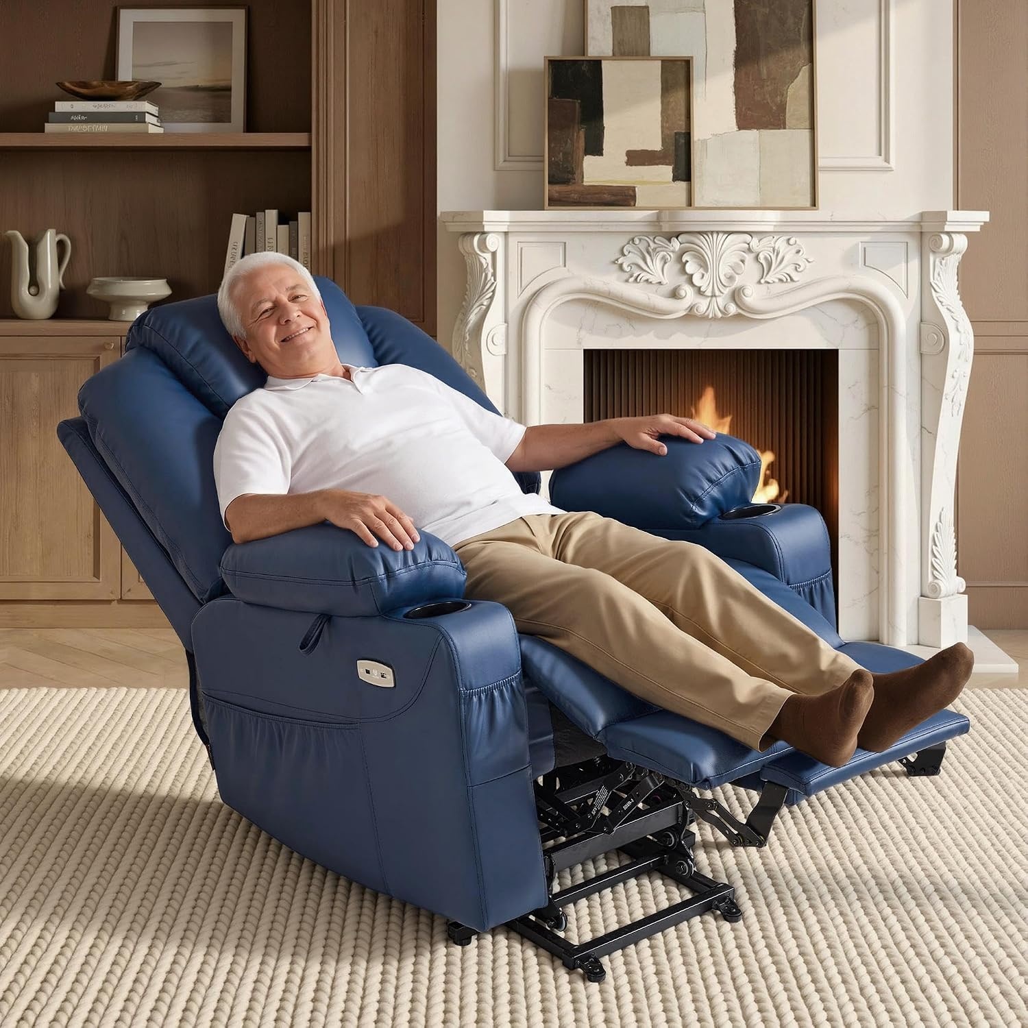 image:imageMCombo Extra Wide Power Lift Recliner Chair for Elderly Lift Chair with Heat and Massage for Big People USBampType C Ports Cup Holders Faux Leather R7045 Grey MediumWideBlue