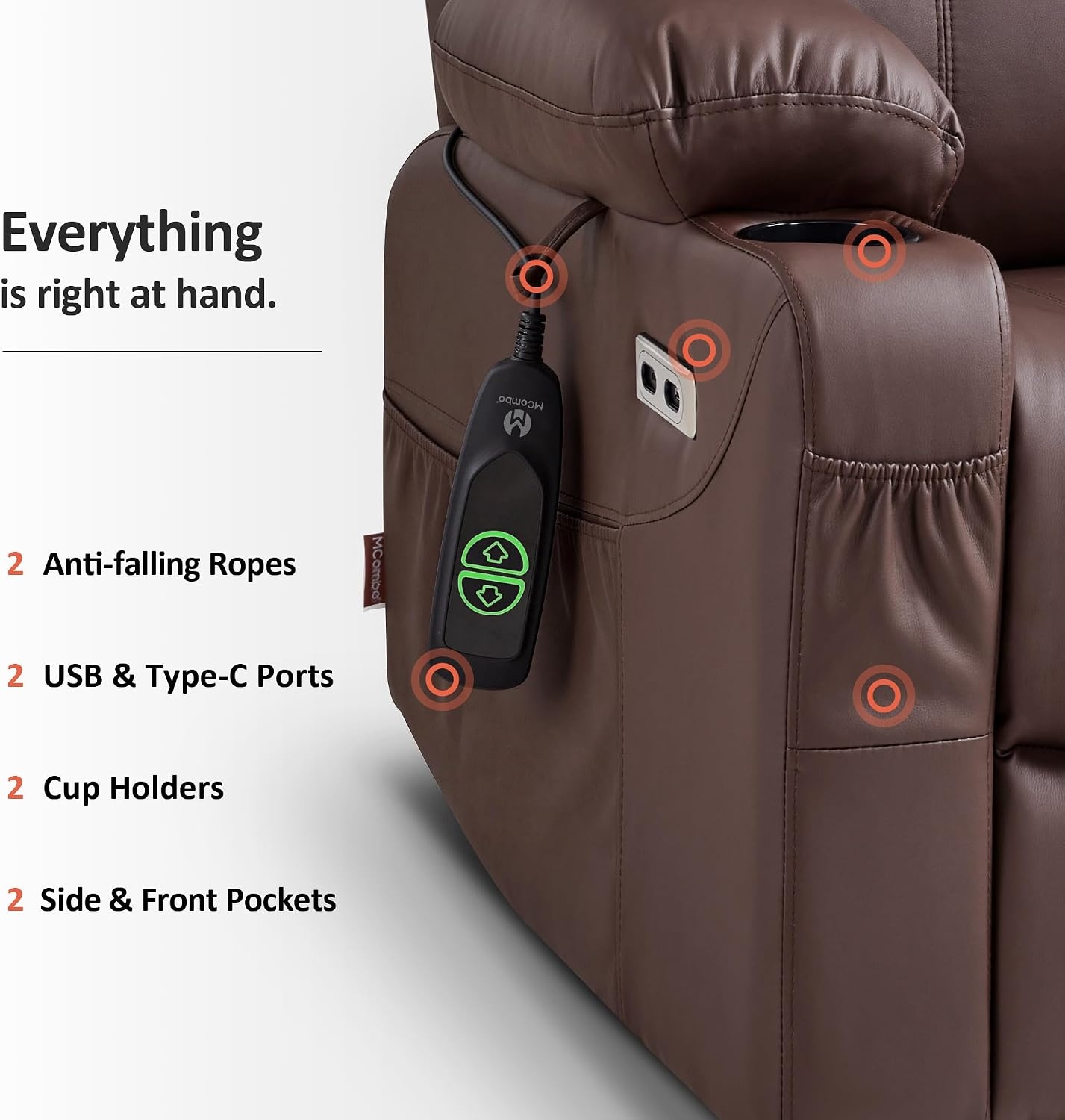 image:imageMCombo Extra Wide Power Lift Recliner Chair for Elderly Lift Chair with Heat and Massage for Big People USBampType C Ports Cup Holders Faux Leather R7045 Grey MediumWideLight Brown