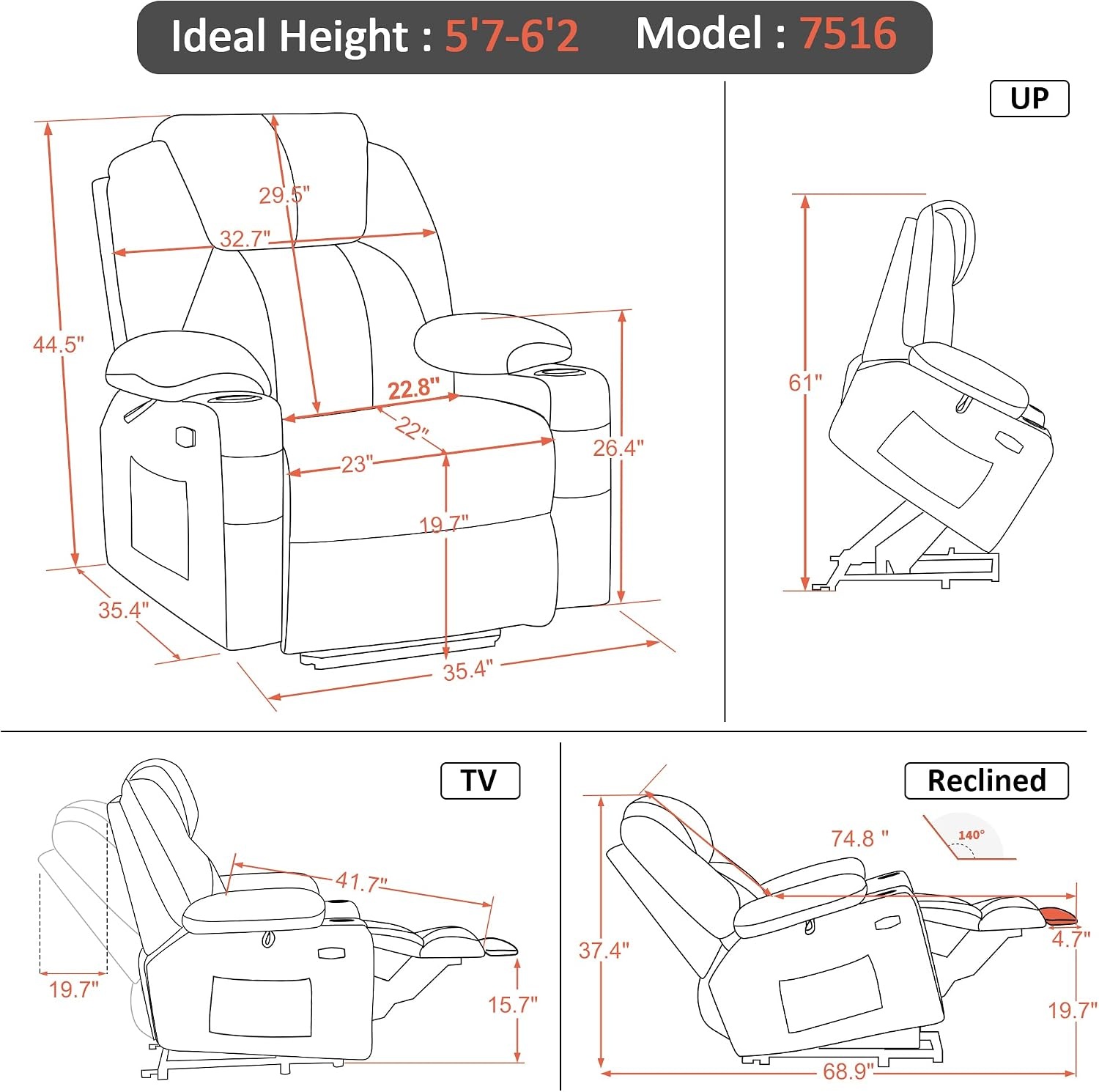 image:imageMCombo Extra Wide Power Lift Recliner Chair for Elderly Lift Chair with Heat and Massage for Big People USBampType C Ports Cup Holders Faux Leather R7045 Grey MediumWideDark Brown