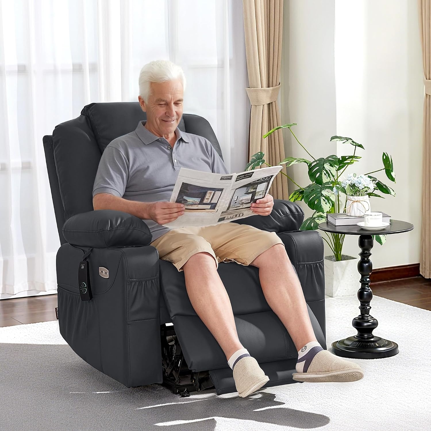 image:imageMCombo Extra Wide Power Lift Recliner Chair for Elderly Lift Chair with Heat and Massage for Big People USBampType C Ports Cup Holders Faux Leather R7045 Grey MediumWideBlack