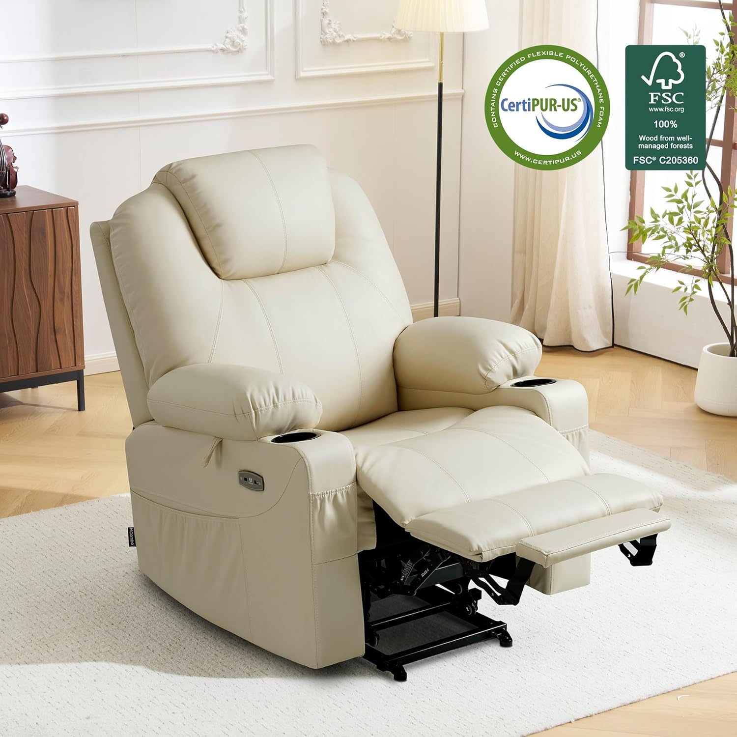 image:imageMCombo Extra Wide Power Lift Recliner Chair for Elderly Lift Chair with Heat and Massage for Big People USBampType C Ports Cup Holders Faux Leather R7045 Grey MediumWideCream White