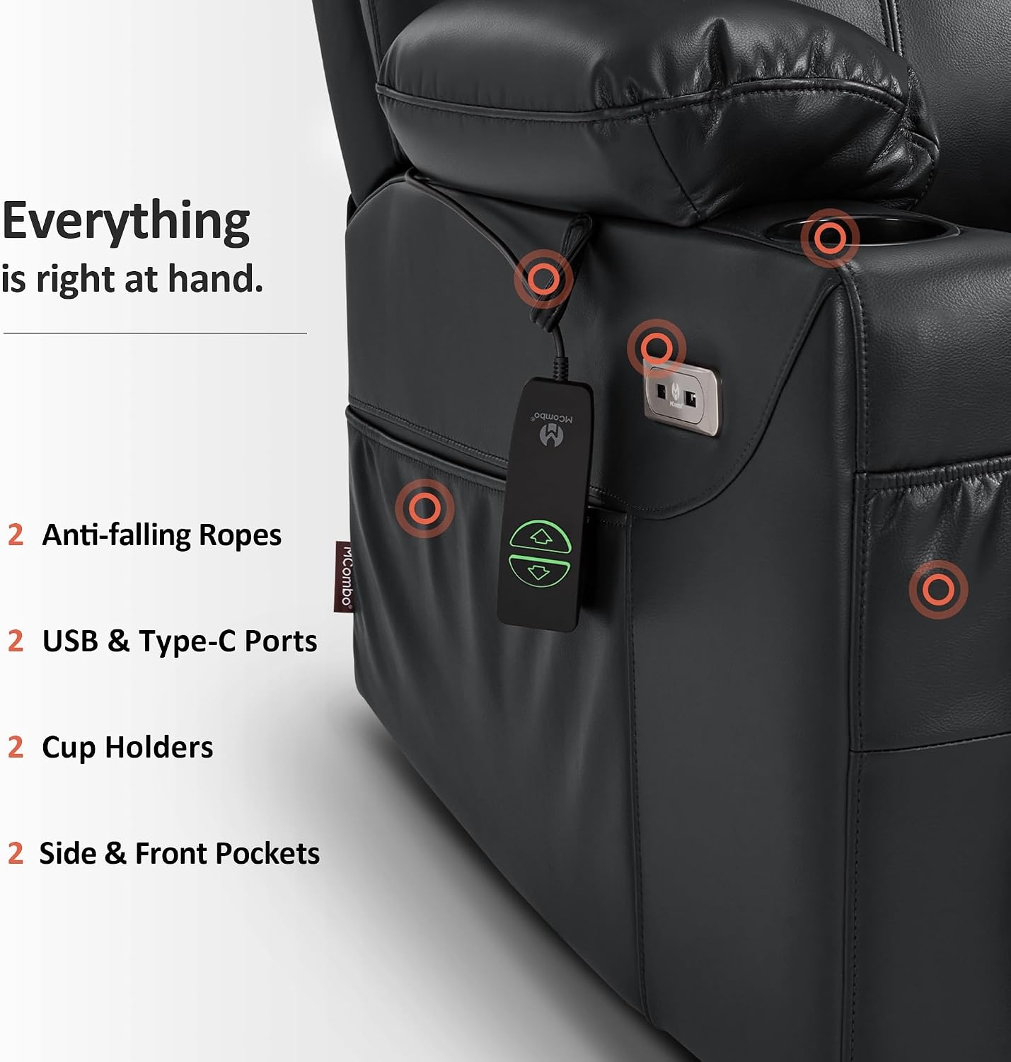 image:imageMCombo Extra Wide Power Lift Recliner Chair for Elderly Lift Chair with Heat and Massage for Big People USBampType C Ports Cup Holders Faux Leather R7045 Grey MediumWideBlack