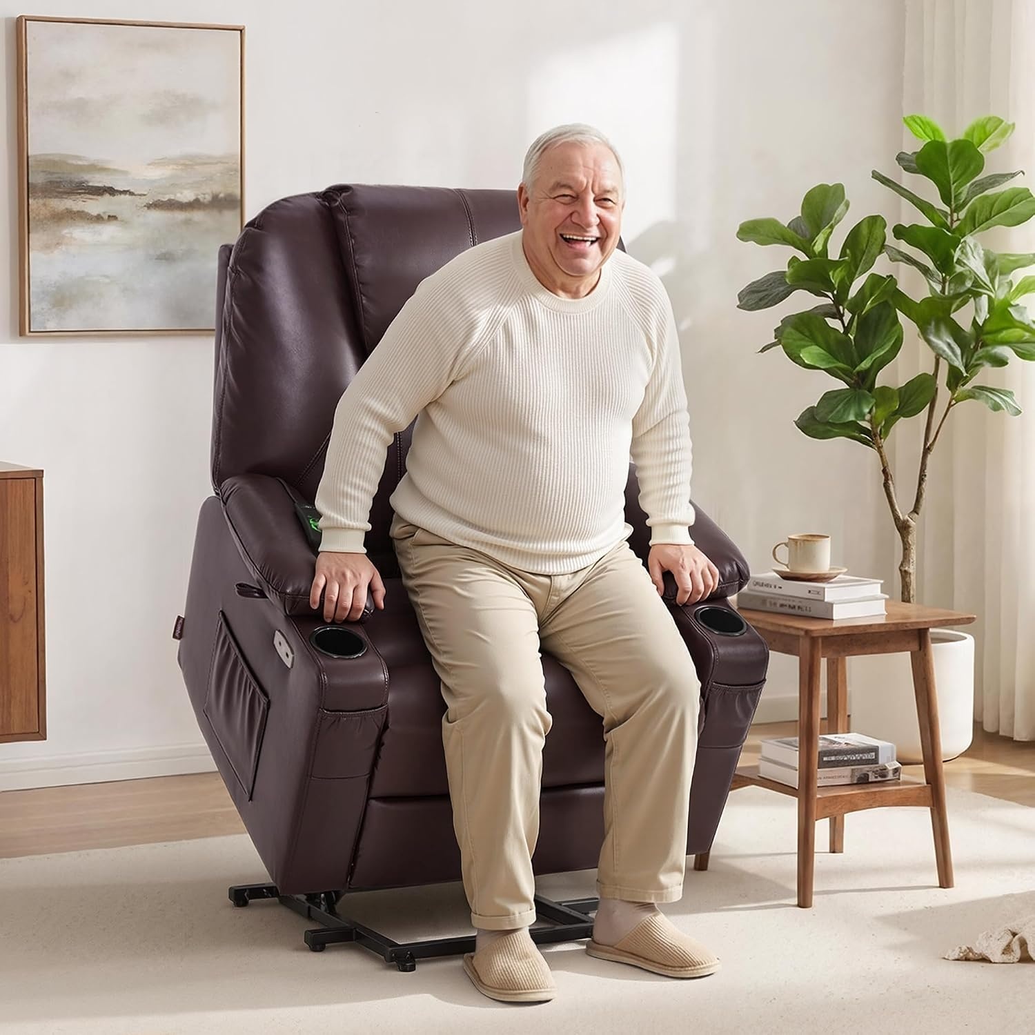image:imageMCombo Extra Wide Power Lift Recliner Chair for Elderly Lift Chair with Heat and Massage for Big People USBampType C Ports Cup Holders Faux Leather R7045 Grey MediumWideDark Brown