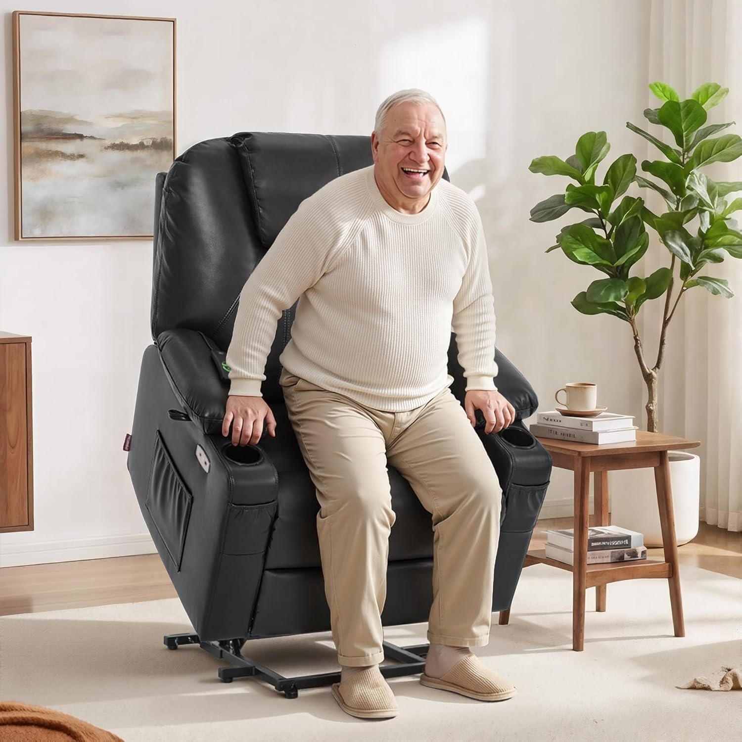 image:imageMCombo Extra Wide Power Lift Recliner Chair for Elderly Lift Chair with Heat and Massage for Big People USBampType C Ports Cup Holders Faux Leather R7045 Grey MediumWideBlack