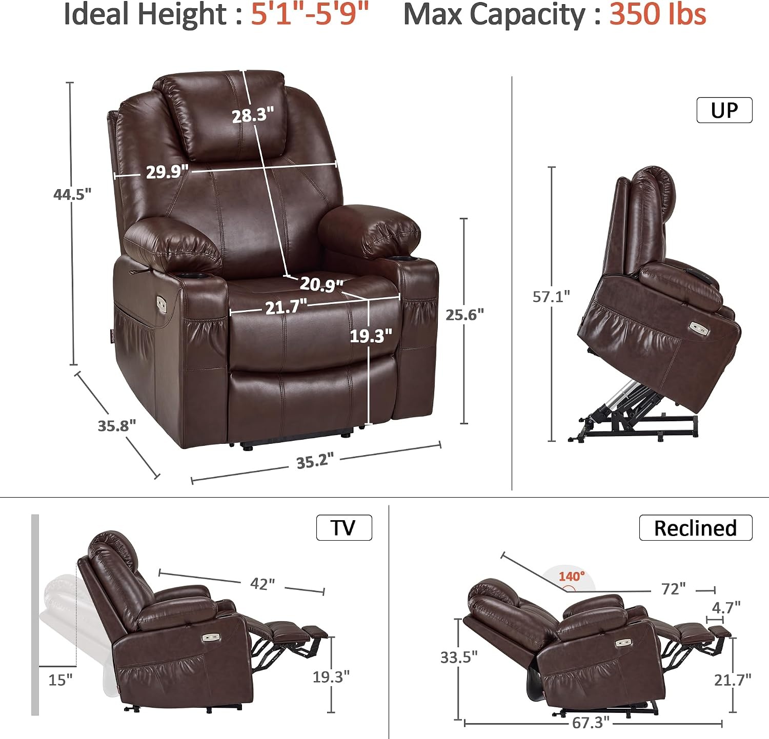 image:imageMCombo Extra Wide Power Lift Recliner Chair for Elderly Lift Chair with Heat and Massage for Big People USBampType C Ports Cup Holders Faux Leather R7045 Grey MediumWideDark Brown