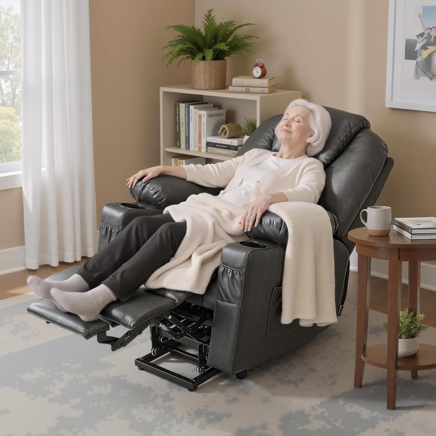 image:imageMCombo Extra Wide Power Lift Recliner Chair for Elderly Lift Chair with Heat and Massage for Big People USBampType C Ports Cup Holders Faux Leather R7045 Grey MediumWideGrey
